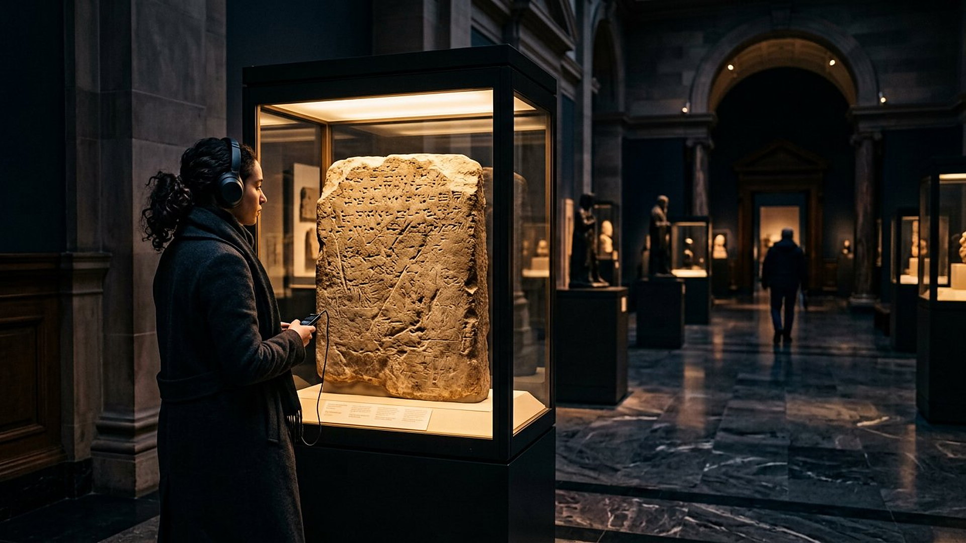Visiteuse coiffée d'un casque audio devant une stèle ancienne en vitrine, dans une galerie sombre