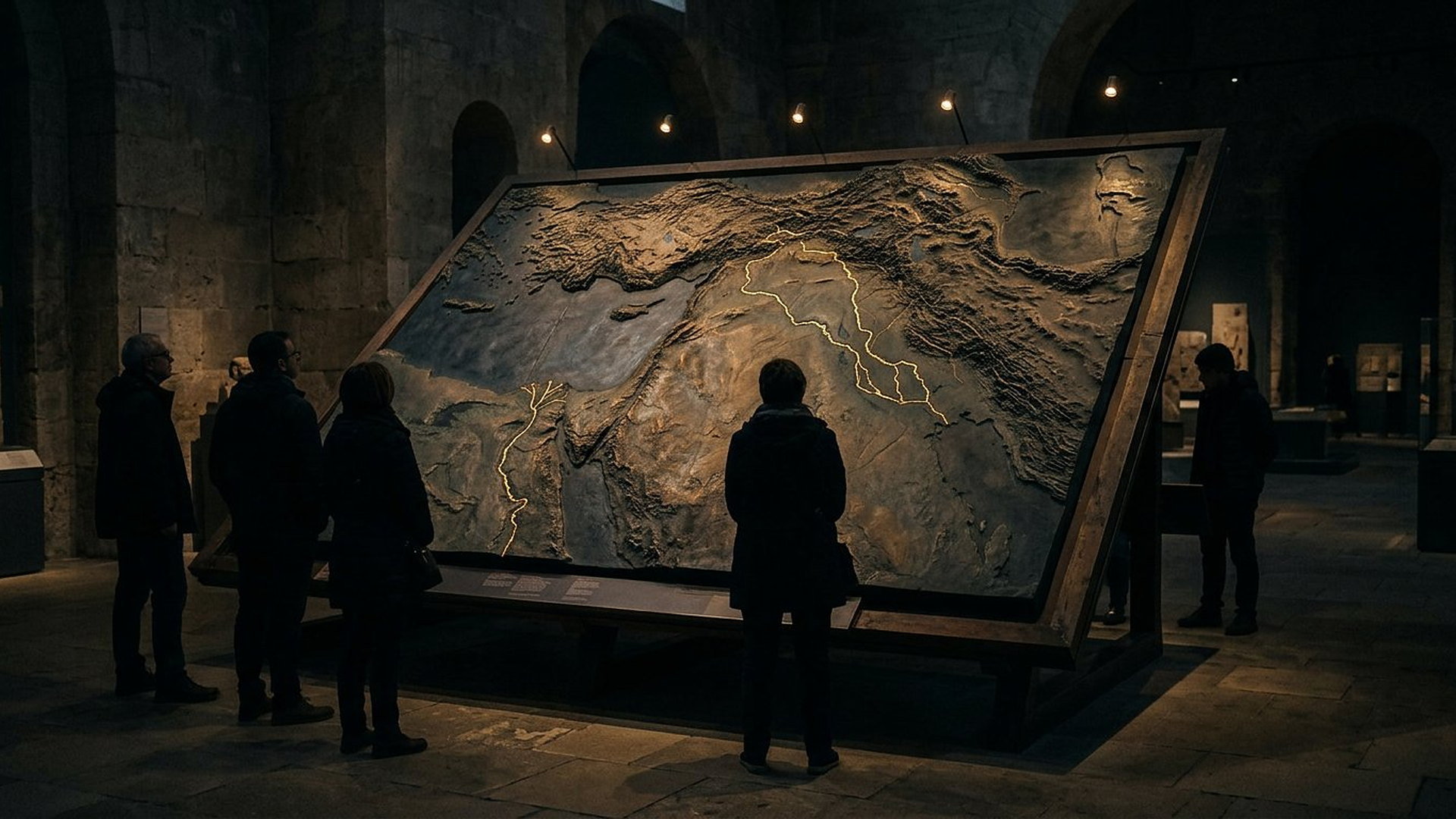 Grande carte en relief du Proche-Orient ancien, fleuves dorés, observée par des visiteurs dans une galerie sombre