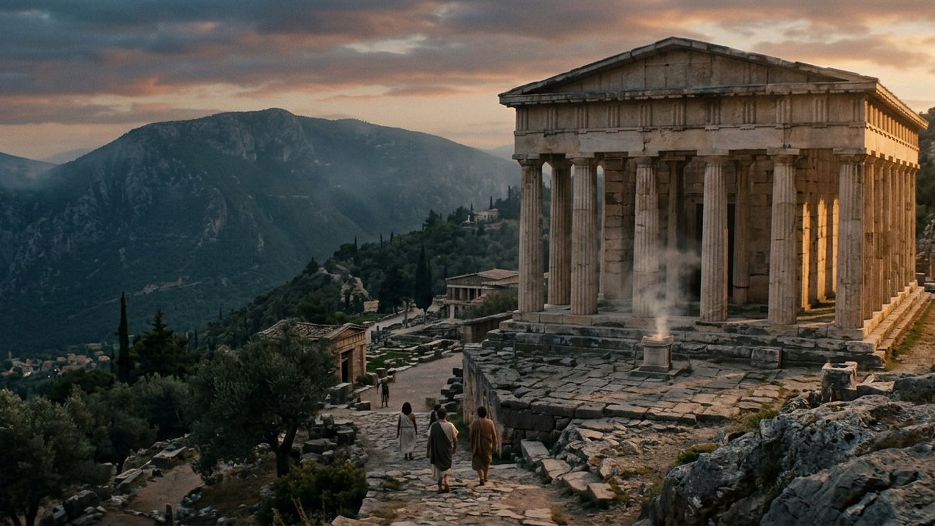 Sanctuaire grec antique en montagne, colonnes de pierre et fumée rituelle au crépuscule
