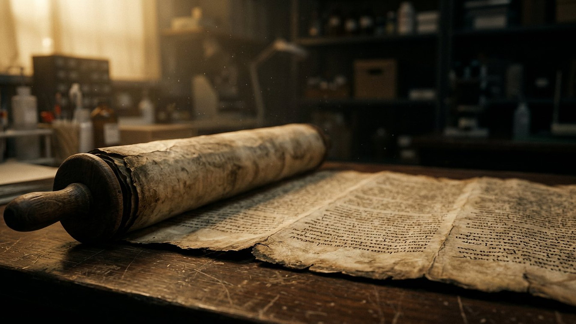 Rouleau manuscrit ancien déroulé sur une table, écriture volontairement illisible