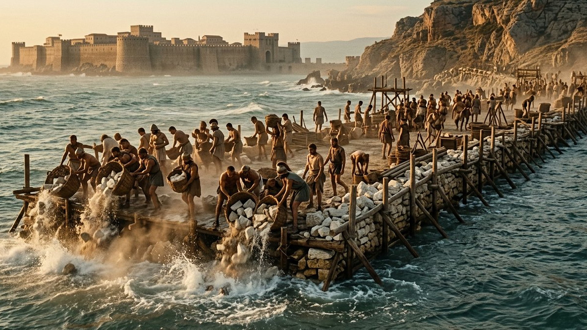 Ouvriers et soldats jetant des paniers de pierres dans la mer pour construire une chaussée vers une cité insulaire fortifiée, en 332 avant notre ère