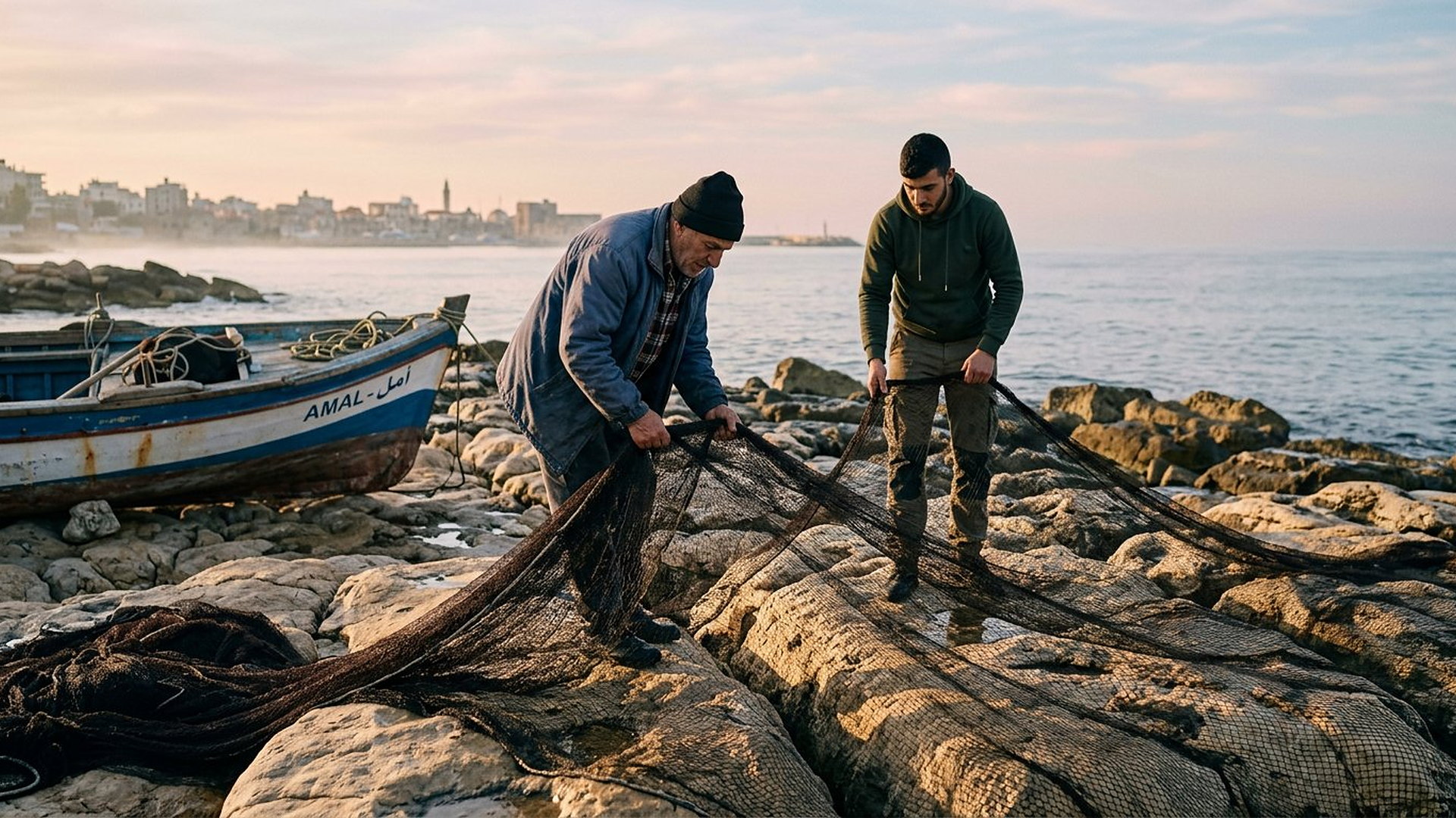 Pêcheurs étendant un filet sur des rochers nus à Tyr, au lever du jour