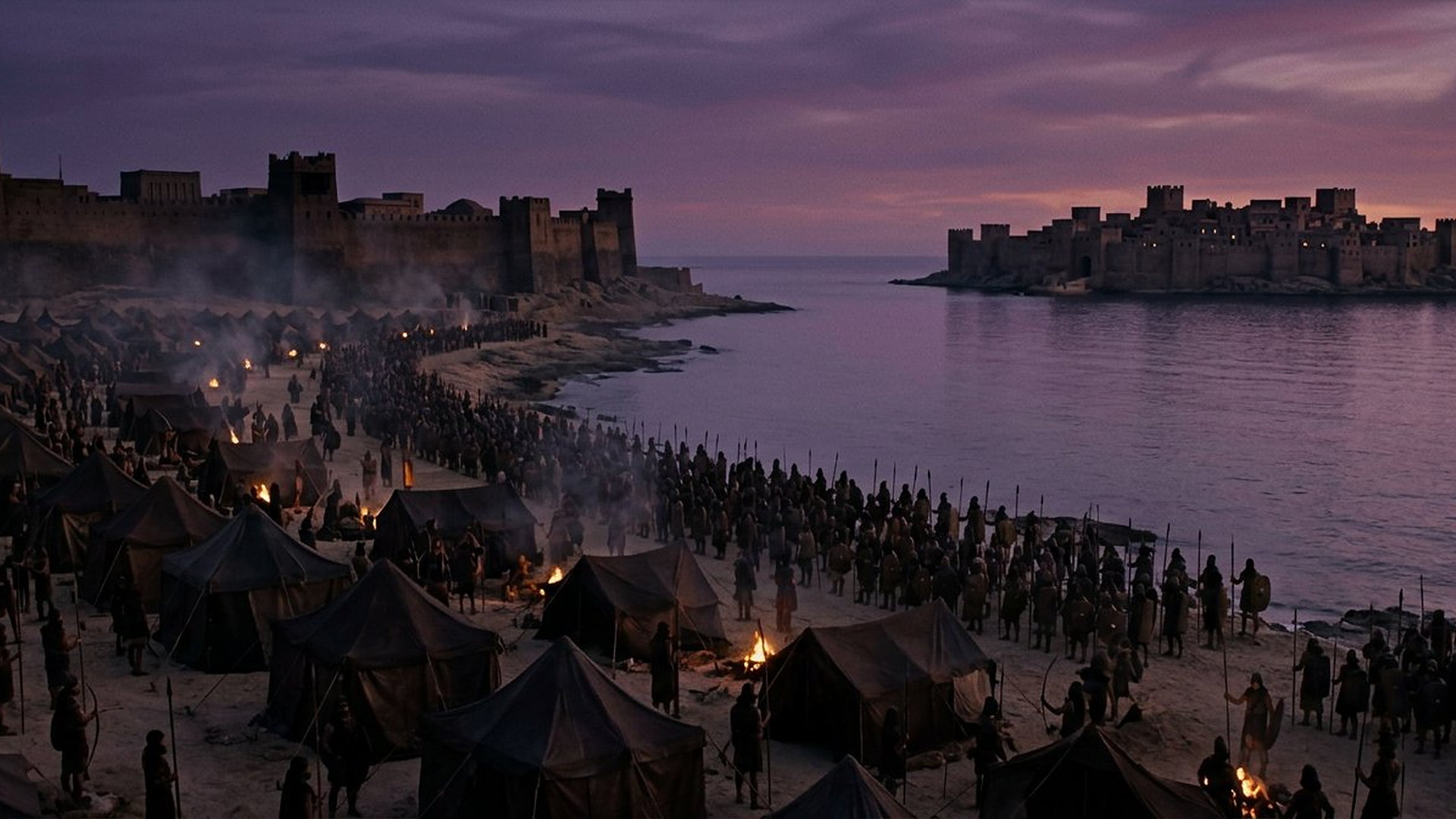 Armée babylonienne campée devant la Tyr continentale au crépuscule, l'île fortifiée au loin