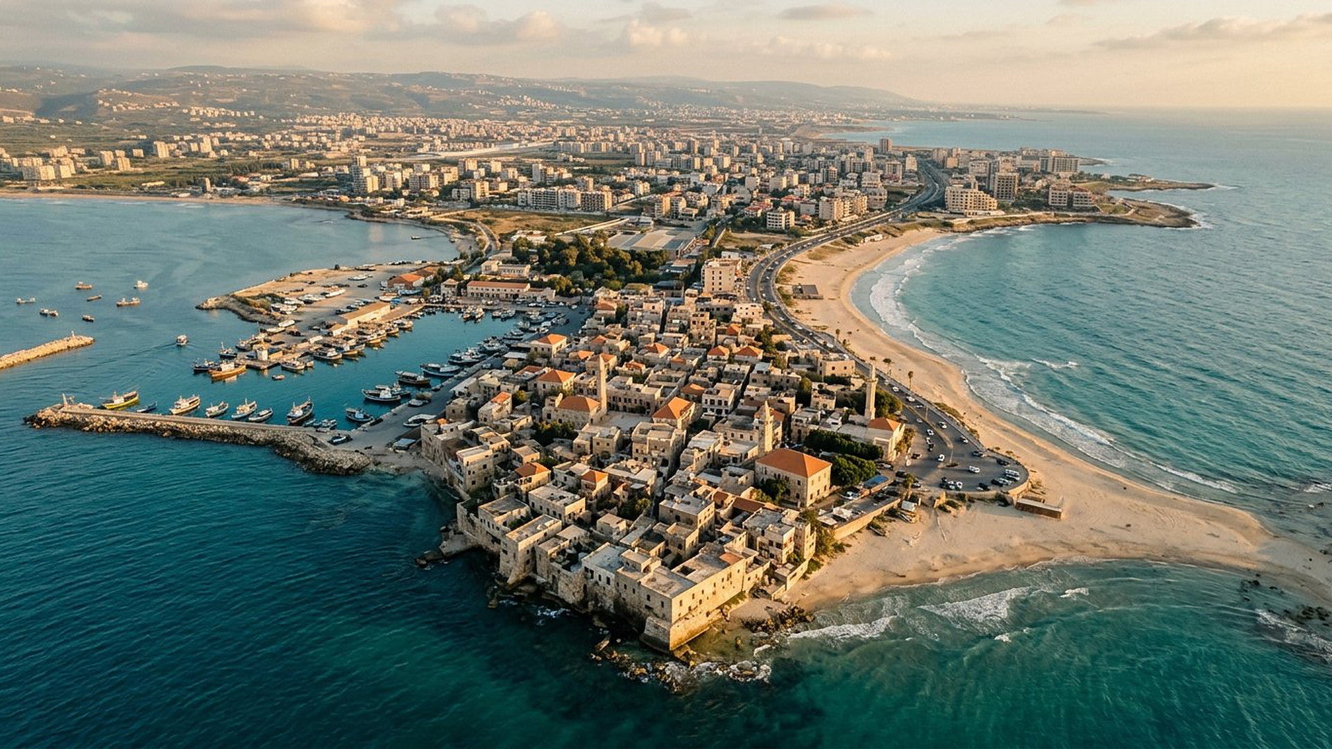 Vue aérienne de Tyr aujourd'hui, ancienne île reliée au continent par un isthme de sable