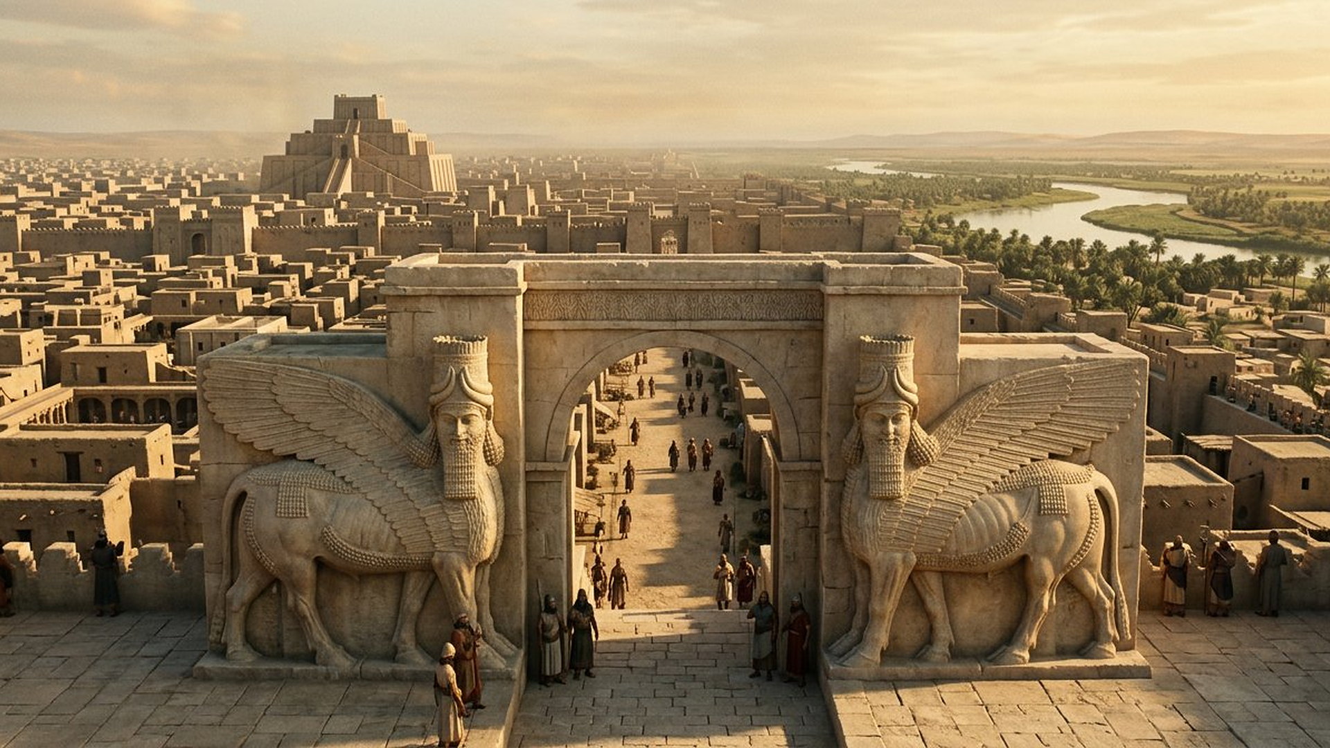 Porte monumentale de Ninive gardée par deux taureaux ailés à tête humaine, à l'âge d'or assyrien