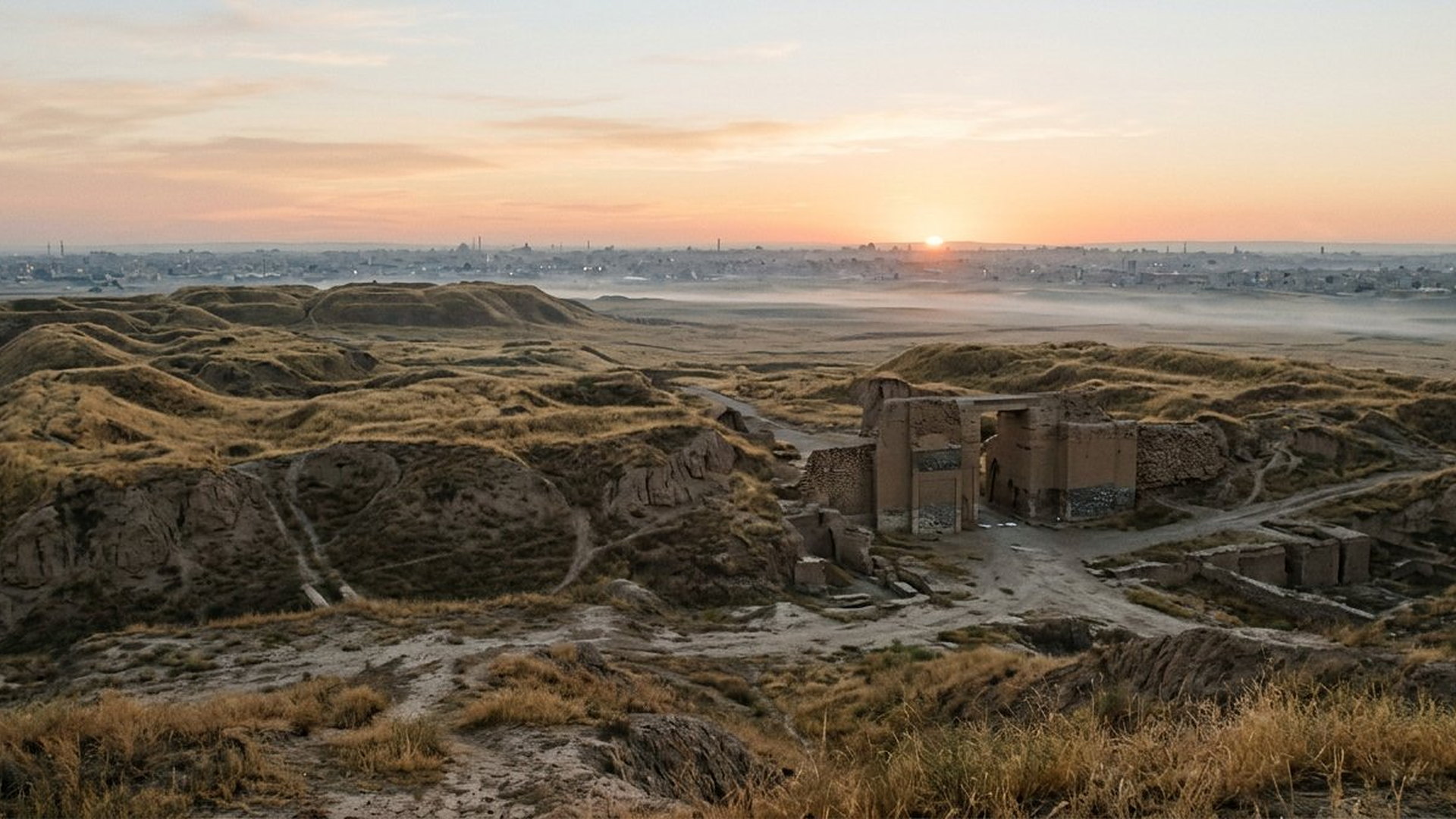 Monticules herbeux de Kuyunjik et porte fouillée, Ninive aujourd'hui au lever du soleil