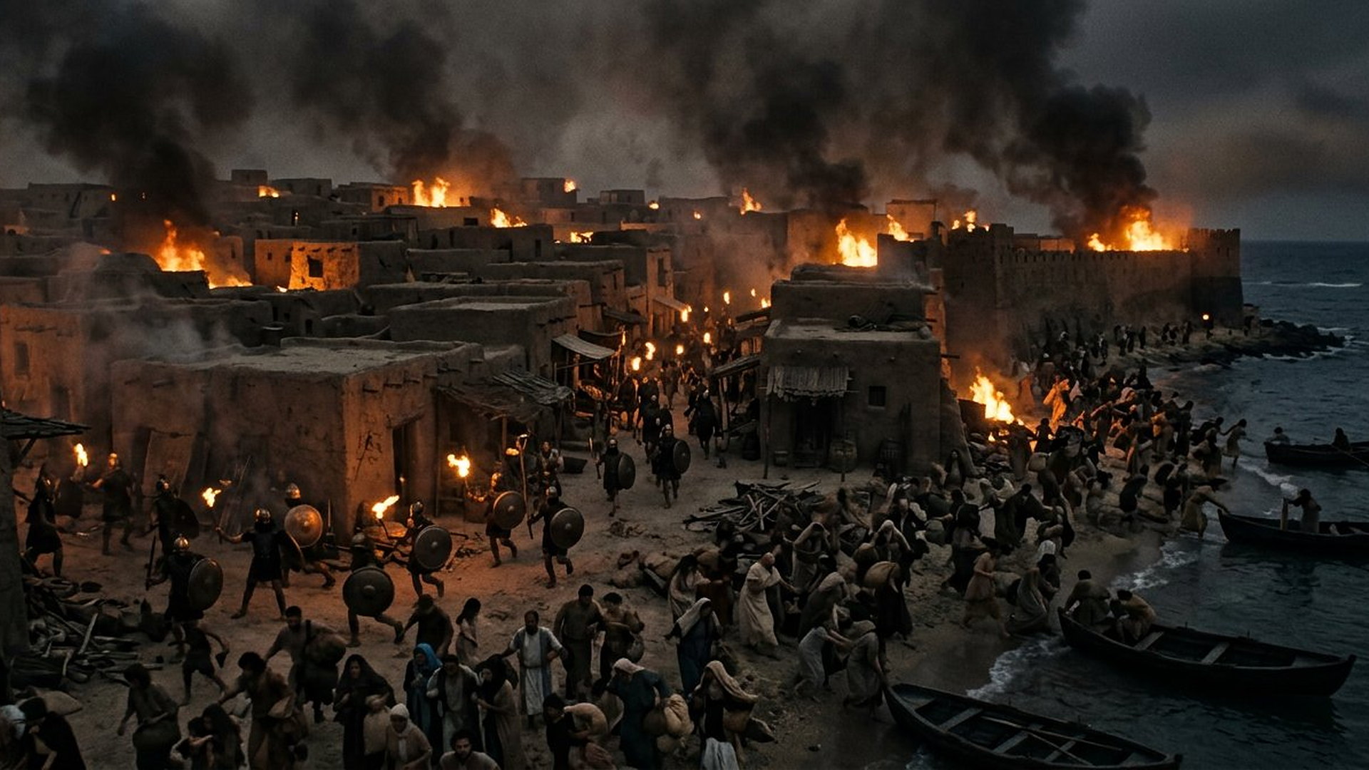 Ville côtière philistine en feu la nuit, habitants fuyant vers des barques, soldats aux torches
