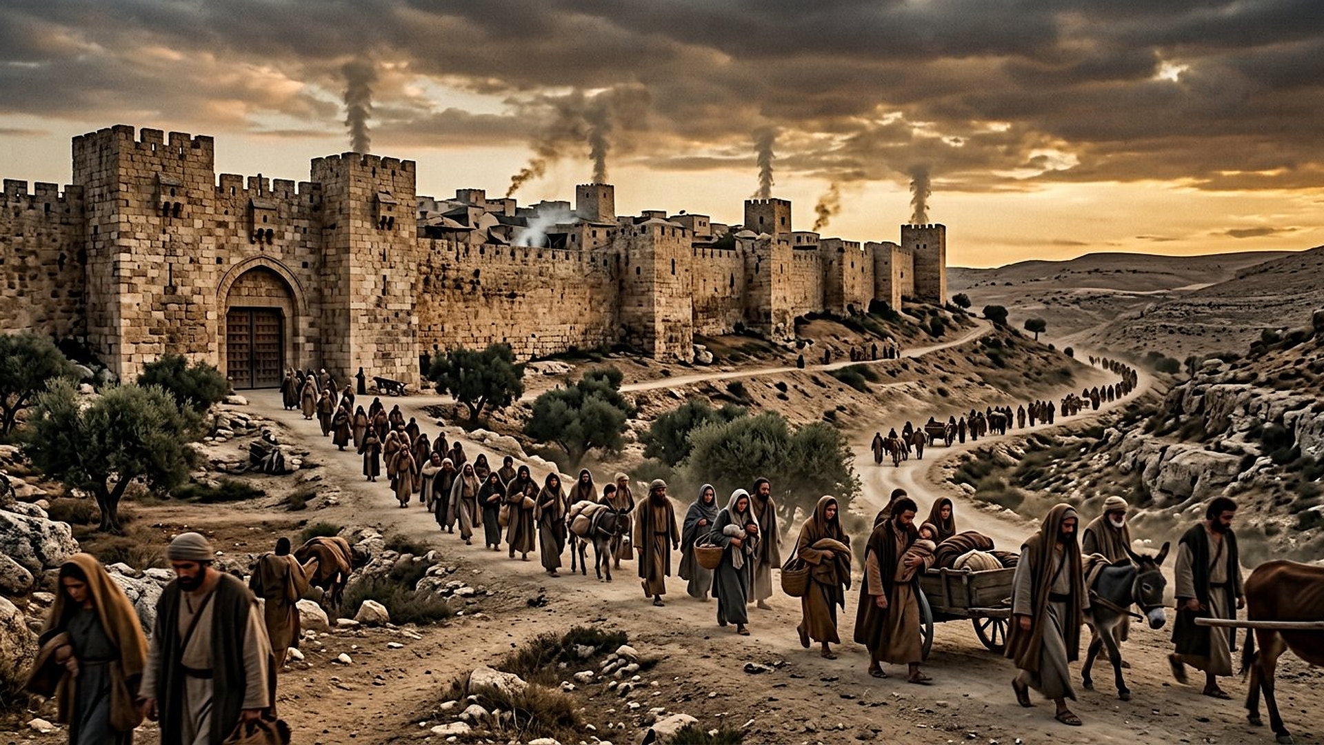 Caravane d'exilés judéens quittant les murailles fumantes de Jérusalem antique au crépuscule