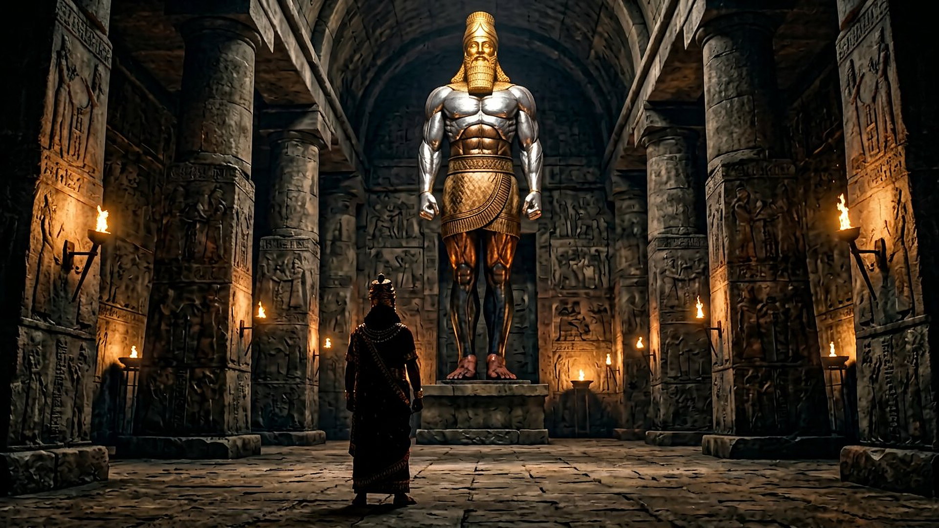 Statue colossale aux métaux étagés — tête d'or, poitrine d'argent, jambes de fer — contemplée par un roi dans un palais babylonien à la lueur des torches