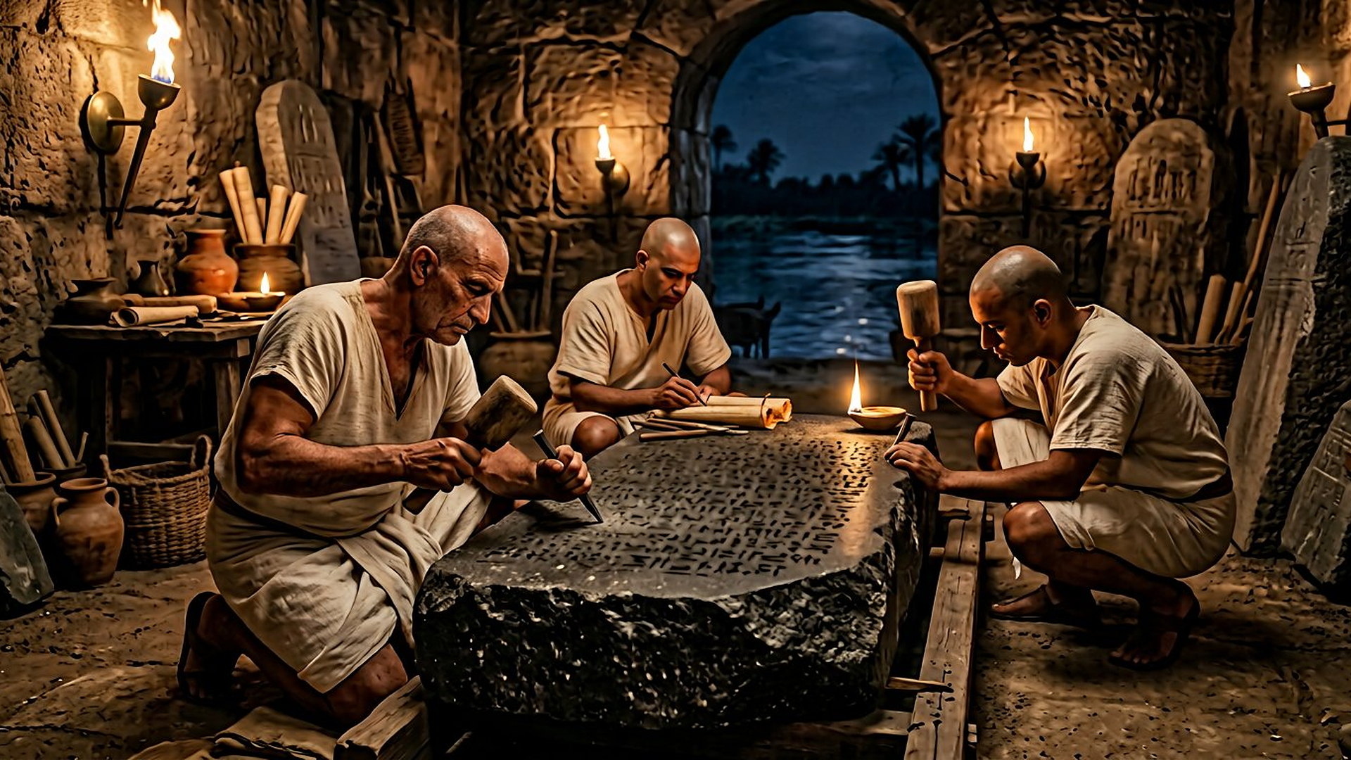 Scribes égyptiens gravant une grande Pierre sombre à la lueur des torches au bord du Nil