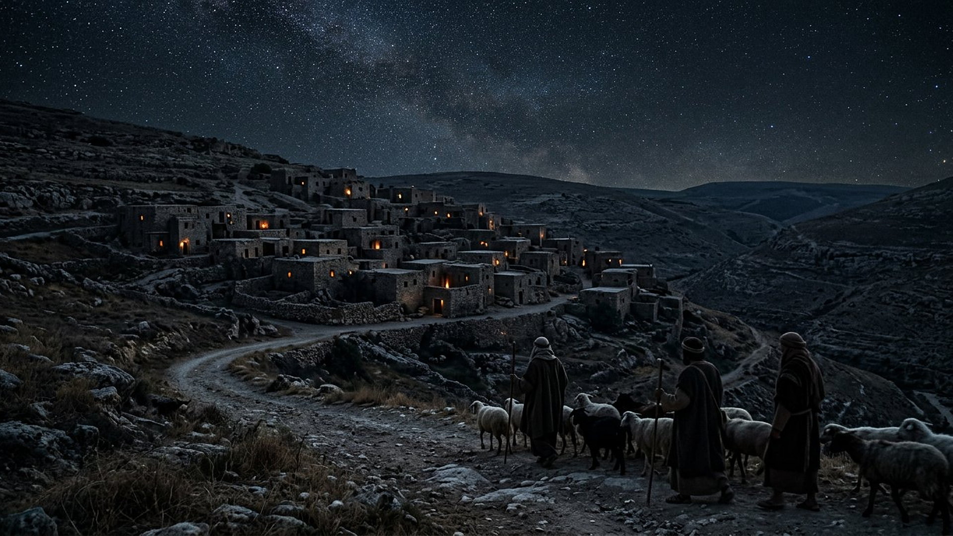 Village antique de Bethléem la nuit, bergers et moutons sur un chemin, ciel étoilé naturel