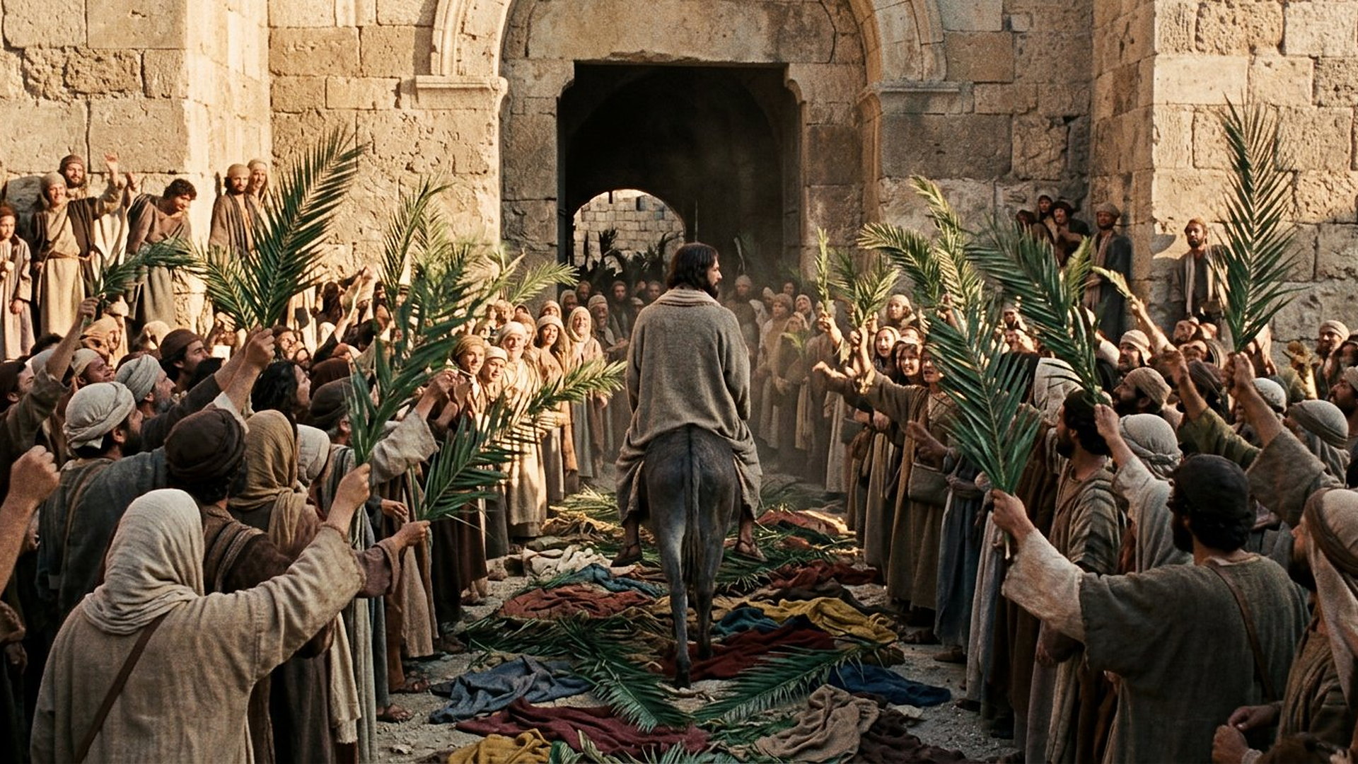 Entrée d'un enseignant humble sur un ânon dans une porte de Jérusalem, foule agitant des branches de palmier, vu de dos sans auréole