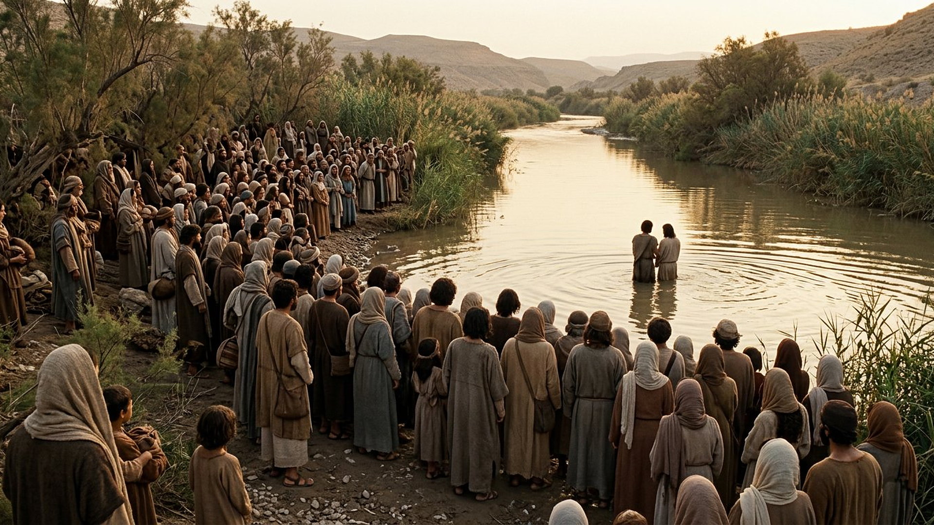 Foule sur les bords du Jourdain regardant un baptême au loin dans une lumière dorée