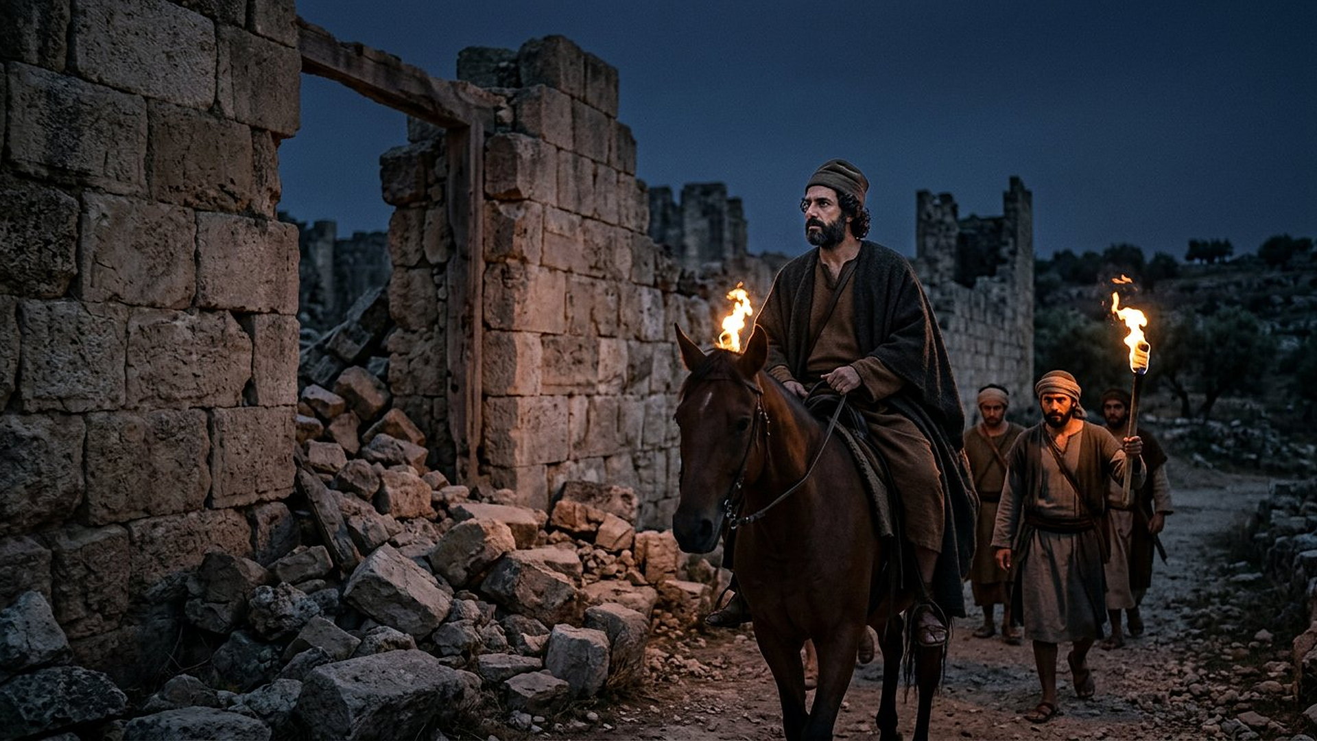 Néhémie à cheval inspectant de nuit les murailles en ruines de Jérusalem à la lueur des torches