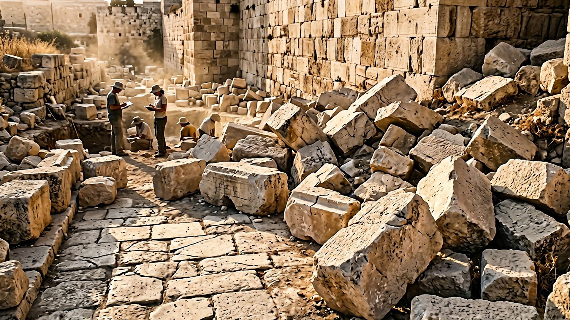 Énormes blocs de Pierre tombés sur une rue pavée antique au pied d'un grand mur, archéologues en arrière-plan