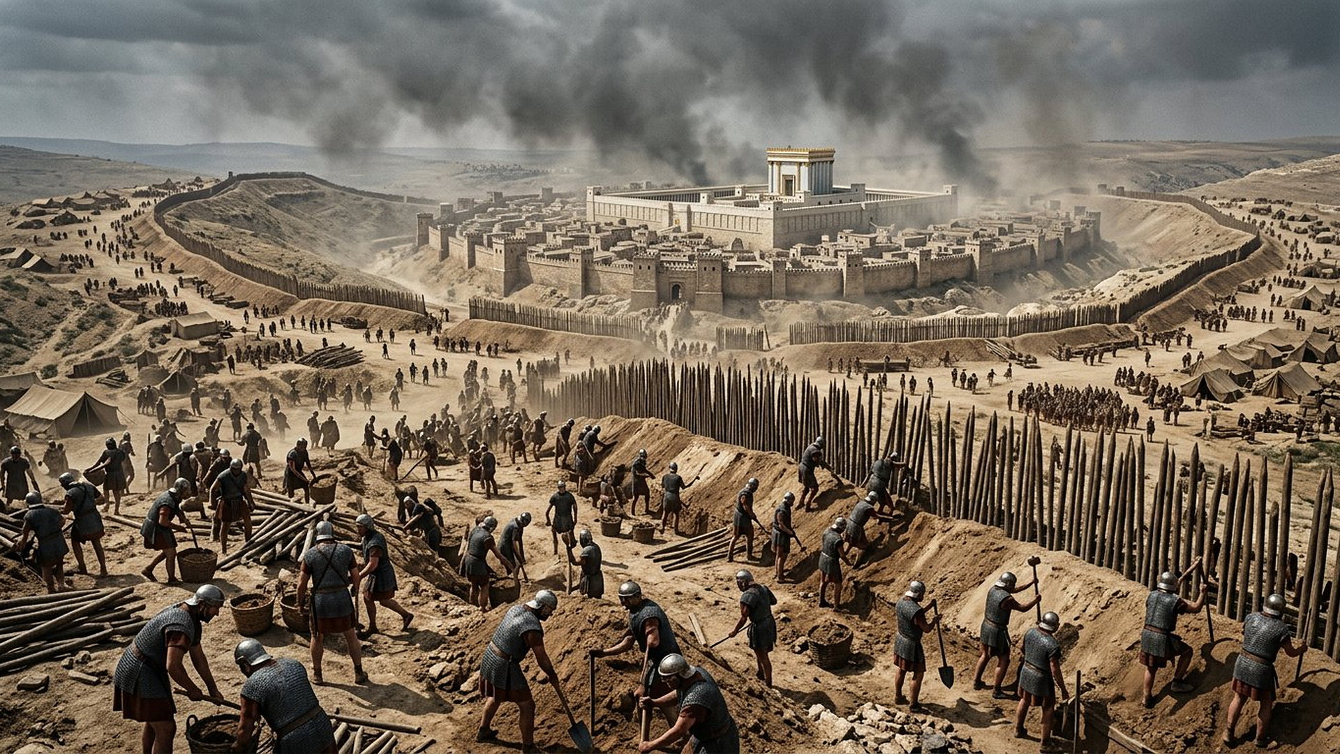 Légions romaines construisant un mur de circonvallation en terre et pieux autour de Jérusalem et de son temple, ciel de fumée