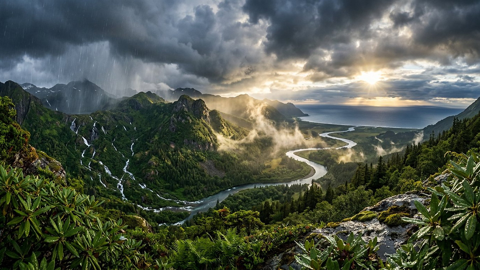 Pluie sur des montagnes, torrents, rivière vers la mer et brume d'évaporation au soleil