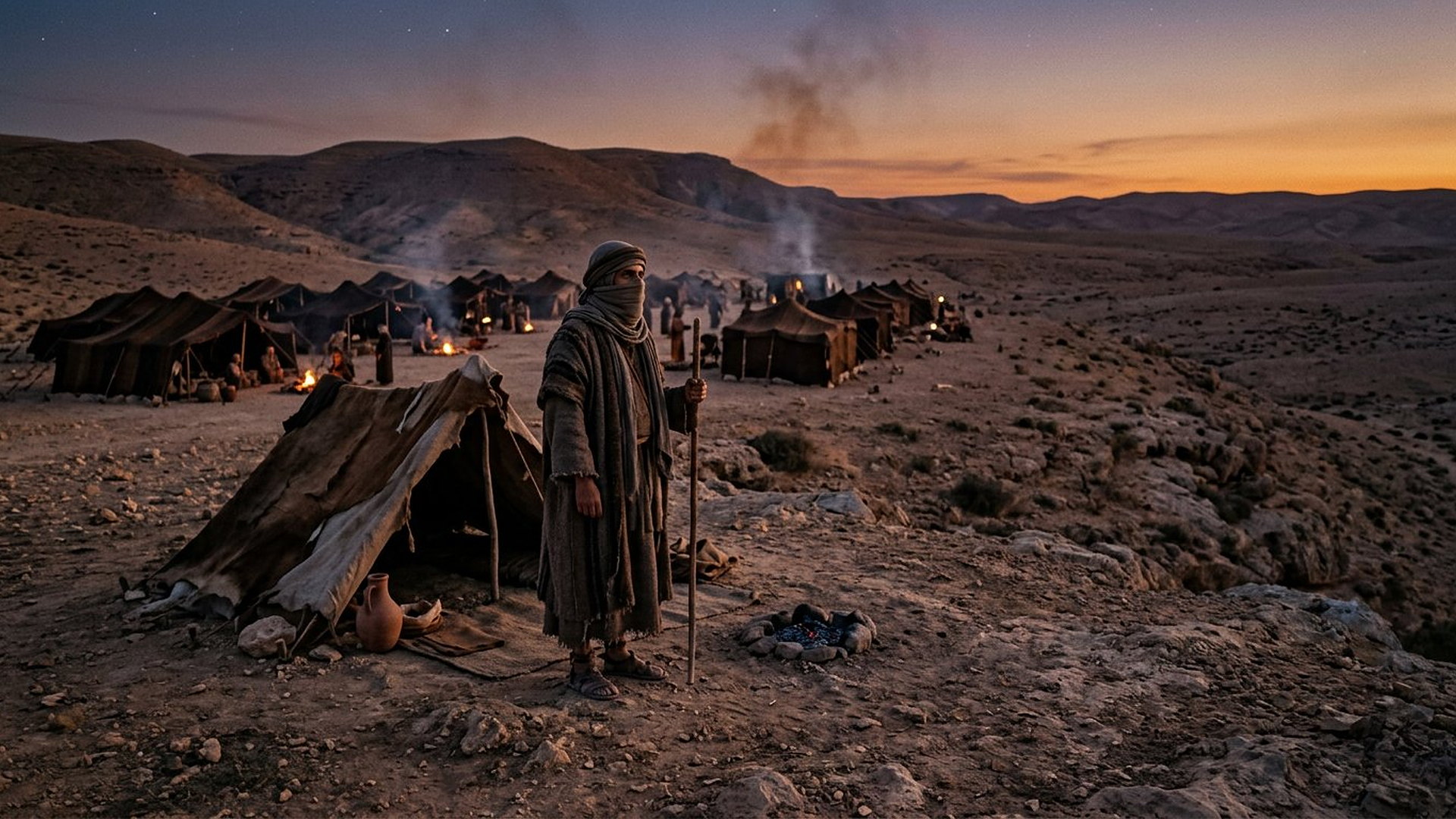 Personnage au visage couvert par un linge, seul près d'une petite tente à l'écart d'un campement dans le désert au crépuscule