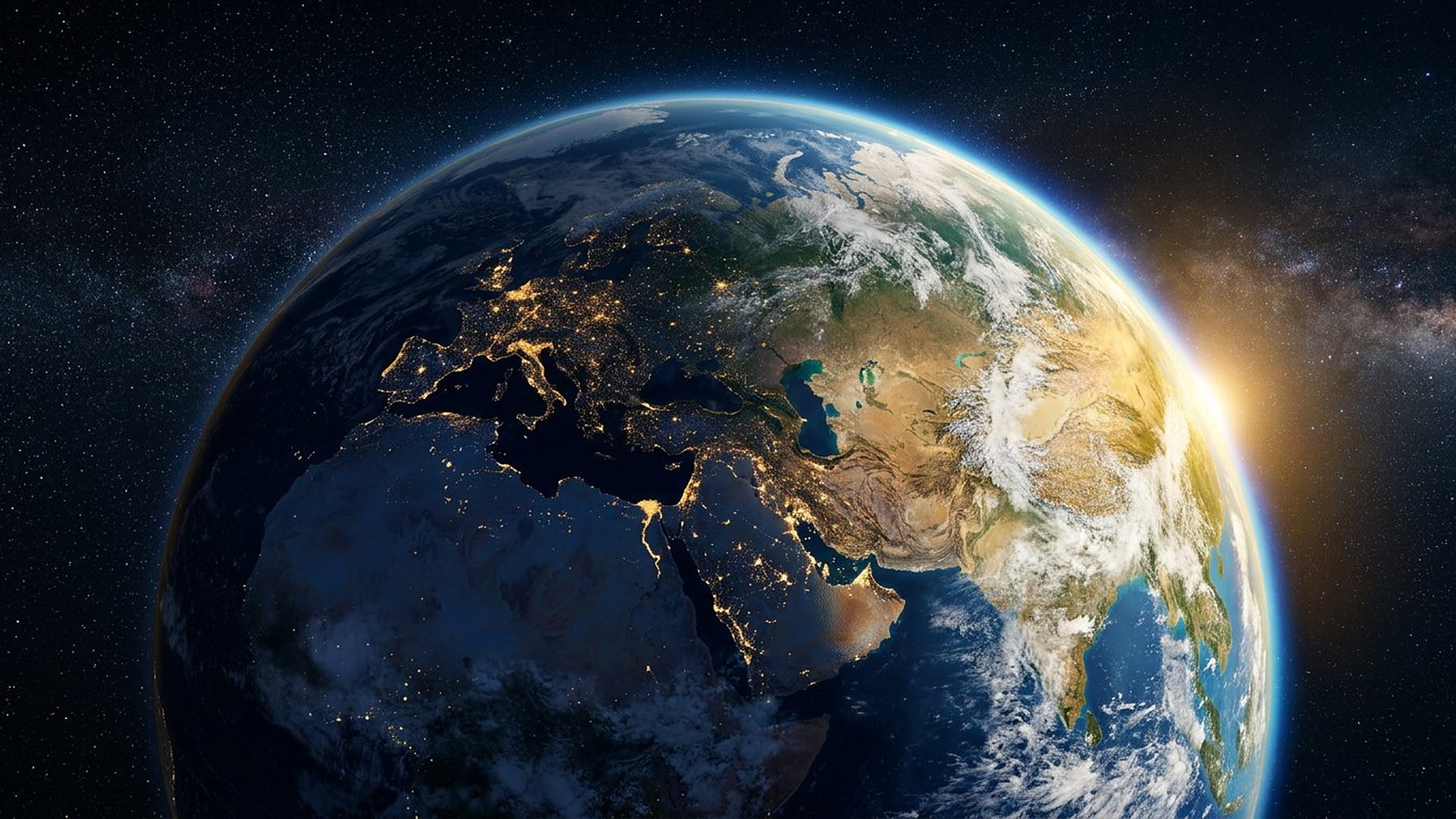 La Terre à l'aube vue depuis l'orbite, lumière dorée se répandant sur les continents