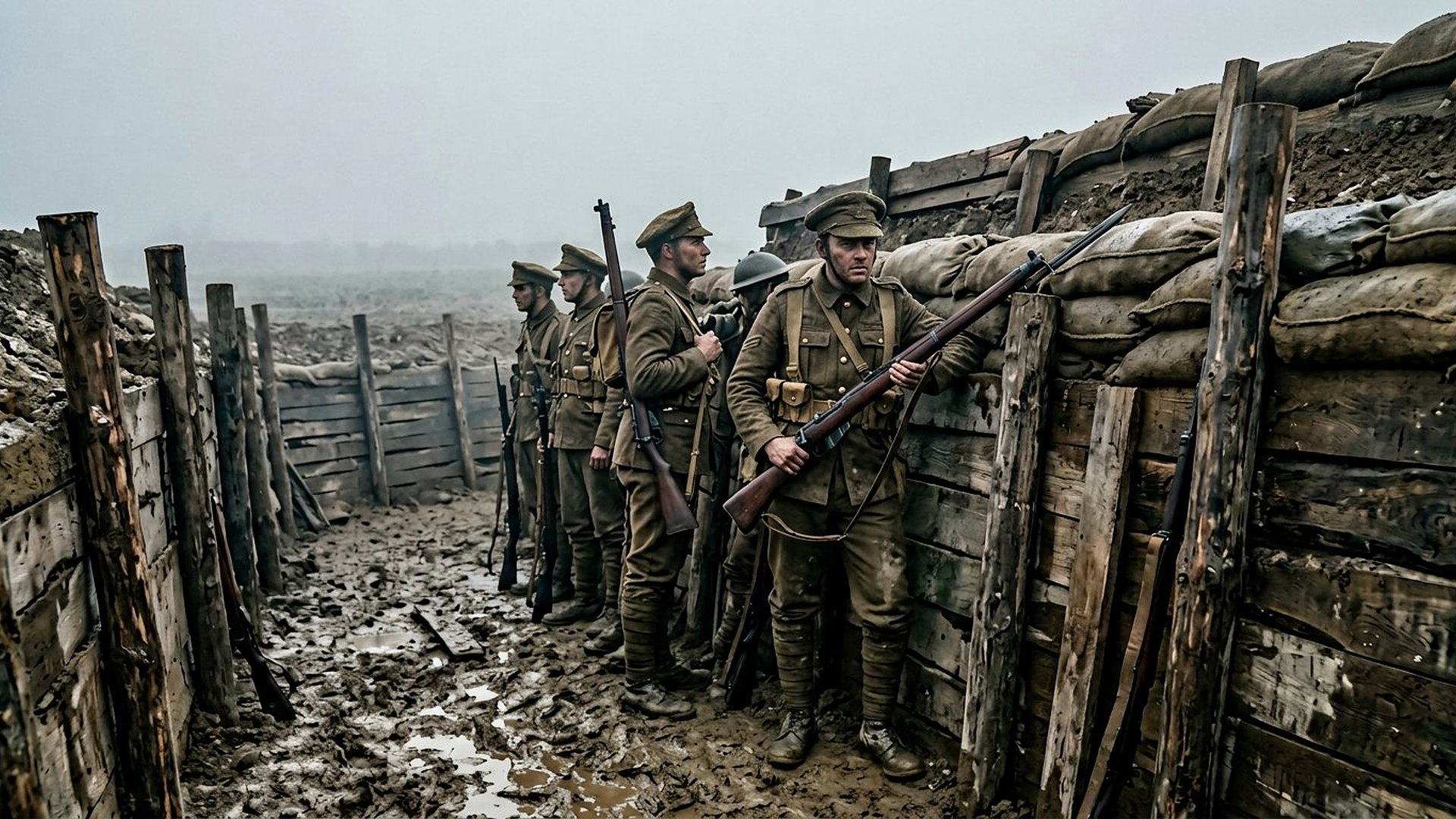 Soldats de 1914 immobiles dans une tranchée boueuse au brouillard, sacs de sable et poteaux droits