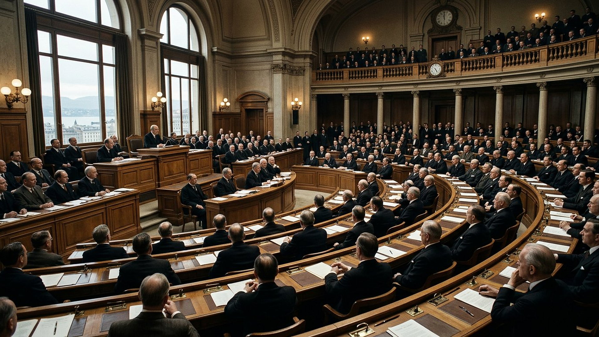 Assemblée internationale à Genève dans les années 1920, délégués assis à des bureaux en hémicycle