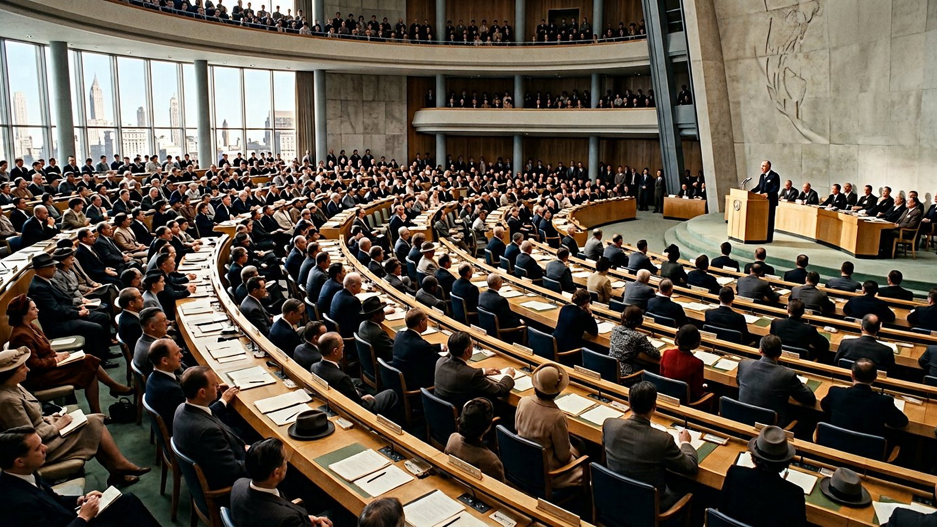 Assemblée internationale moderne à New York, délégués de nombreuses nations