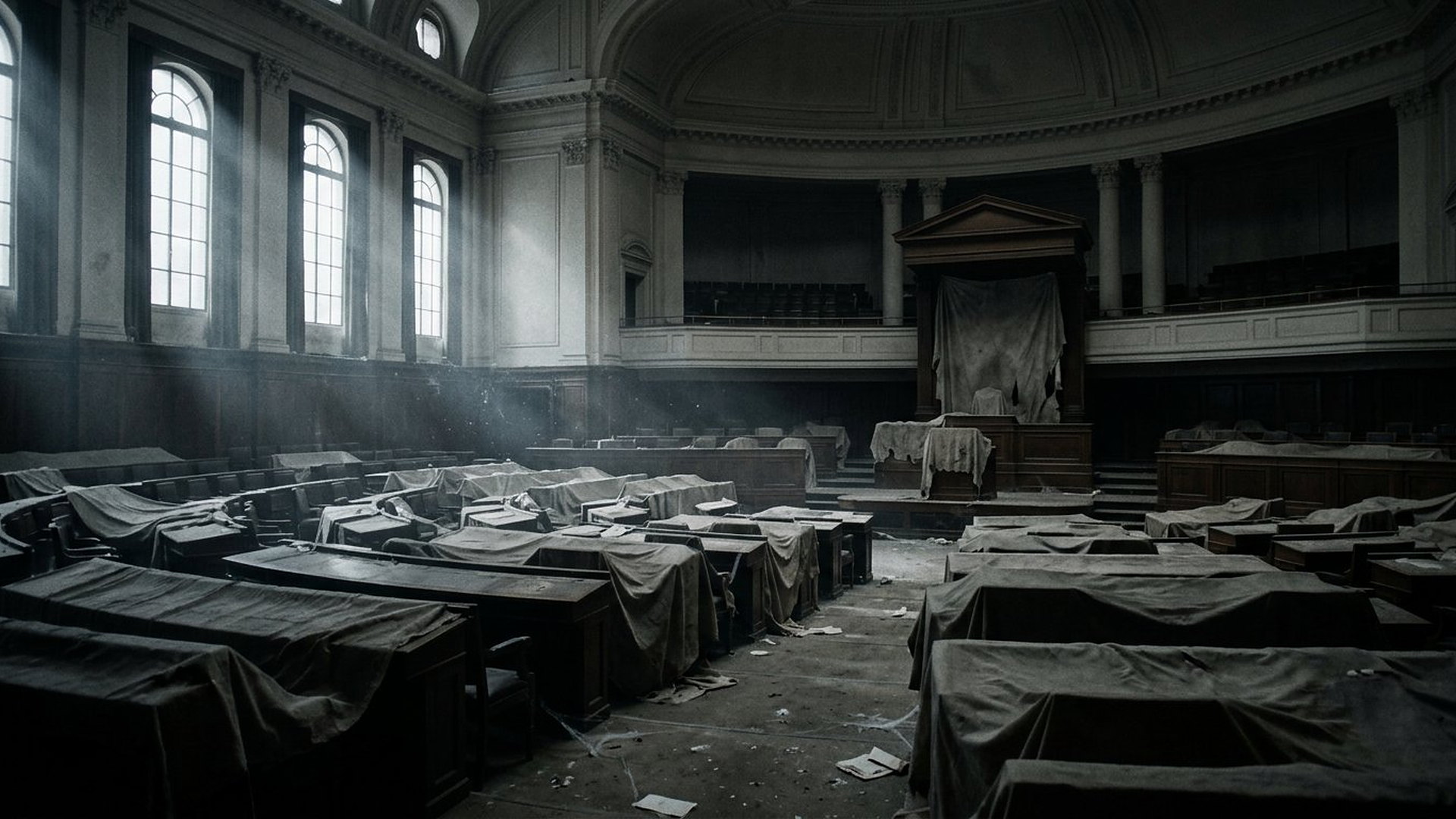 Grande salle d'assemblée vide et poussiéreuse pendant la guerre