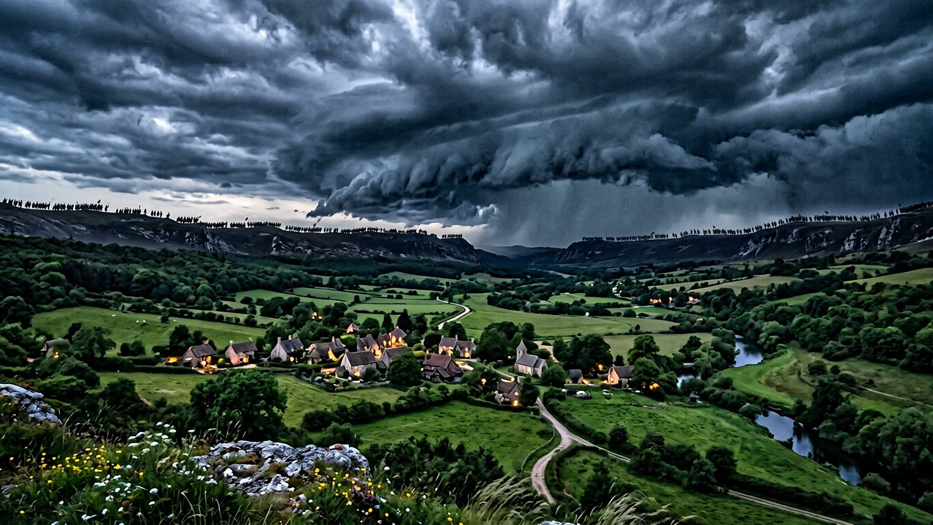 Nuages d'orage immenses au-dessus d'une vallée verdoyante et d'un village éclairé