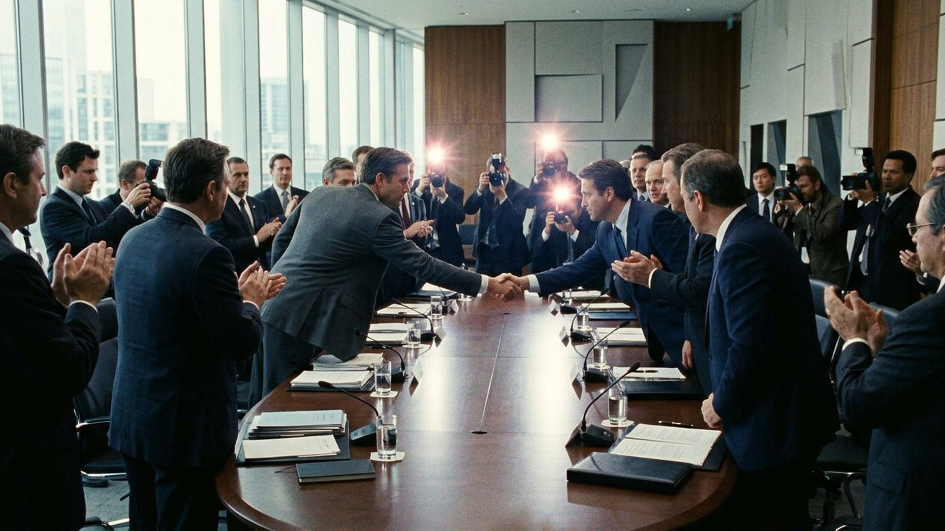 Dirigeants se serrant la main autour d'une table de sommet sous les flashes des photographes