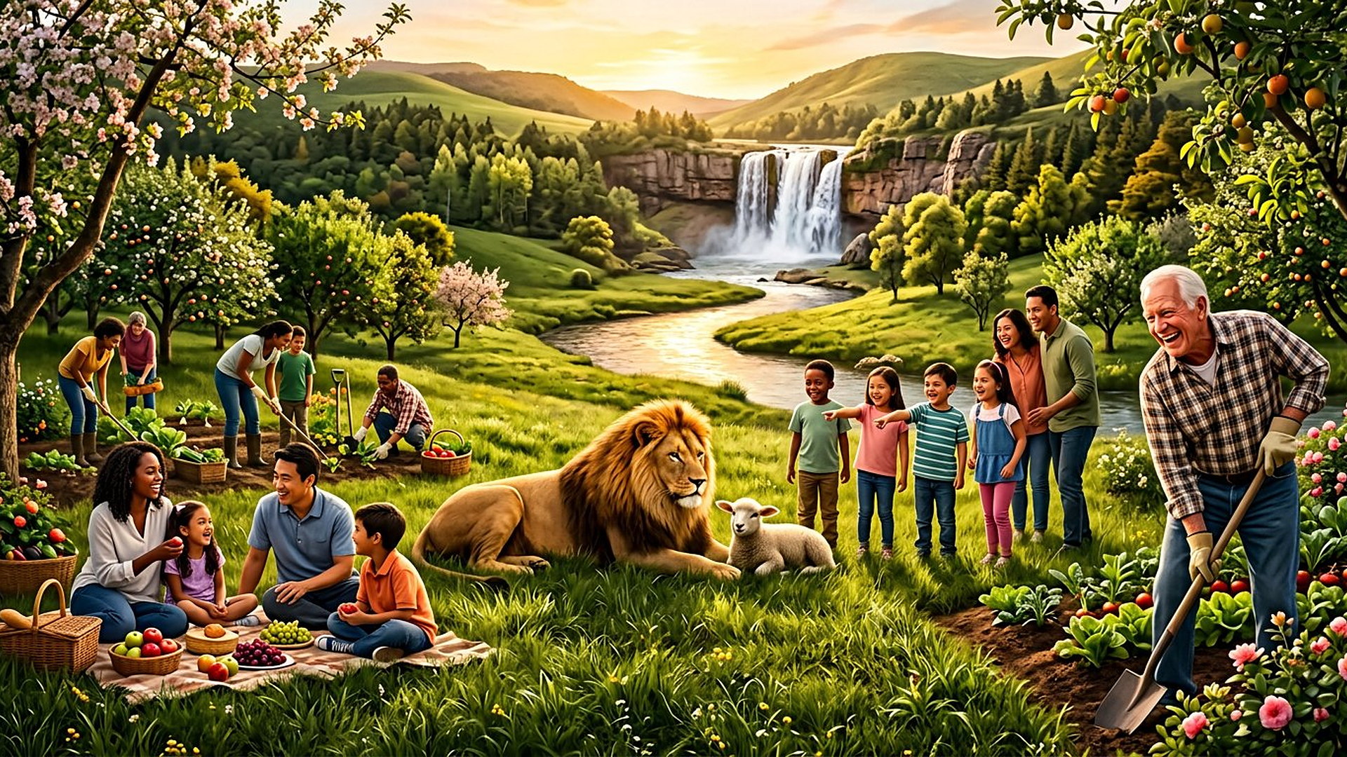 Familles heureuses dans un paradis terrestre, lion et agneau paisibles dans l'herbe