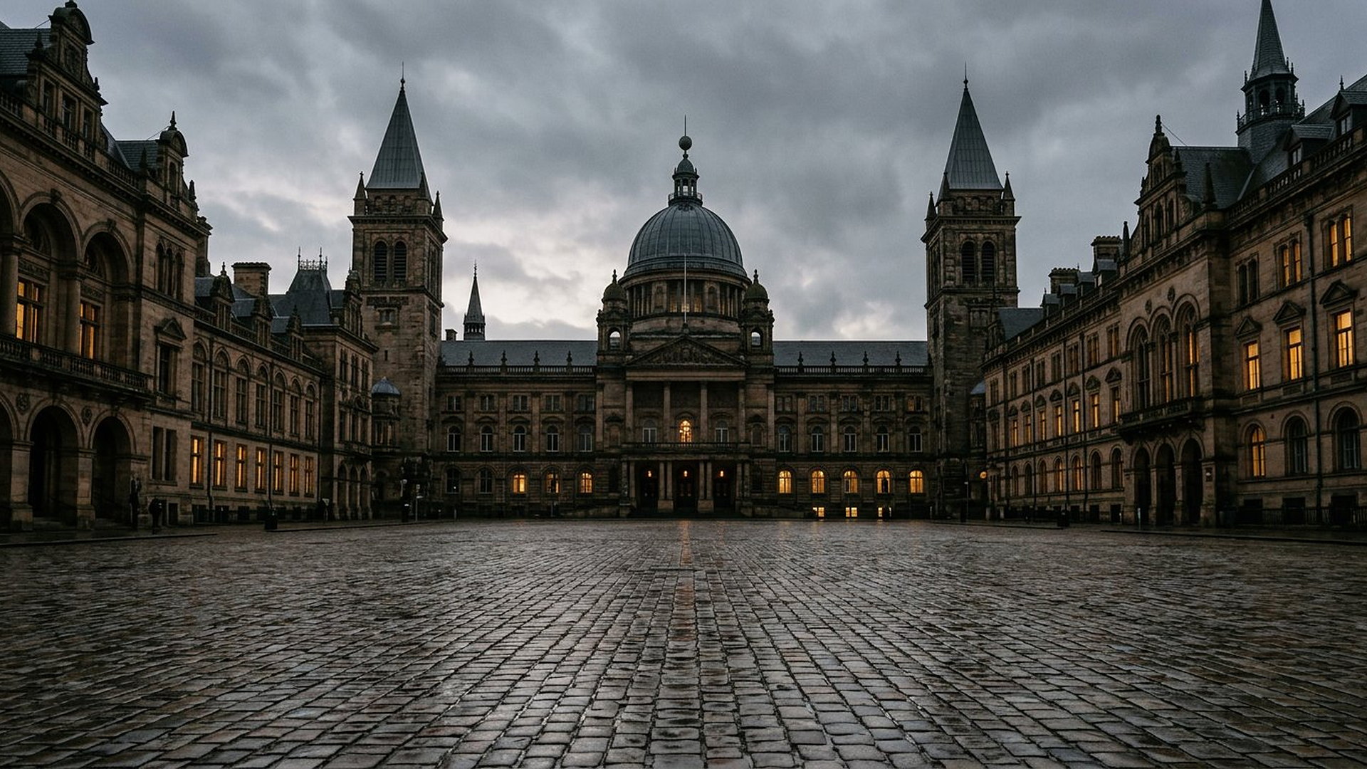 Grande place vide devant de vieux bâtiments officiels au crépuscule