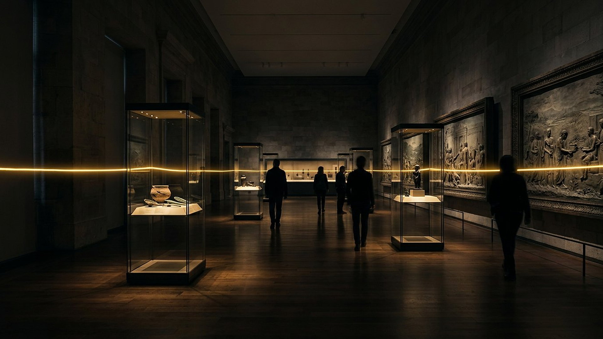 Grande galerie de musée traversée par un fil lumineux doré reliant les vitrines
