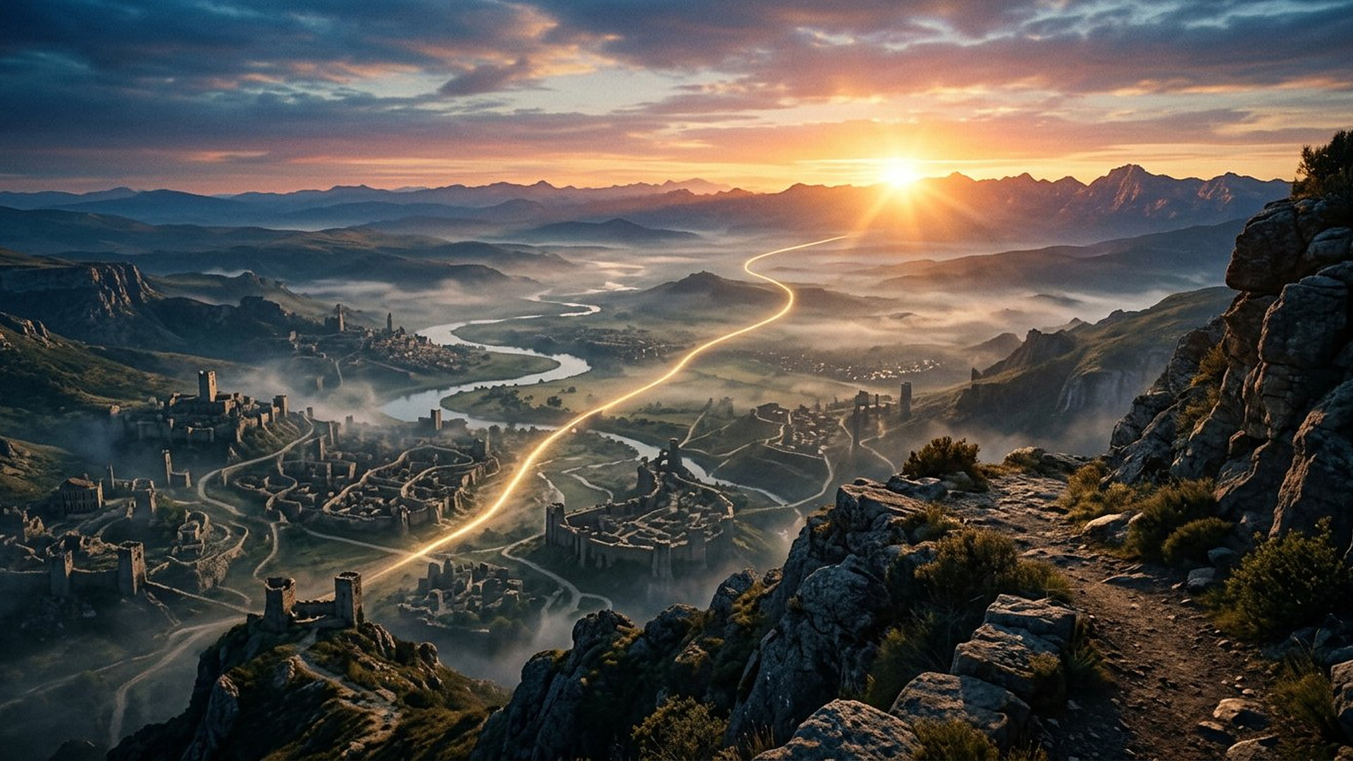 Aube dorée sur un paysage ancien traversé par un fil de lumière vers l'horizon