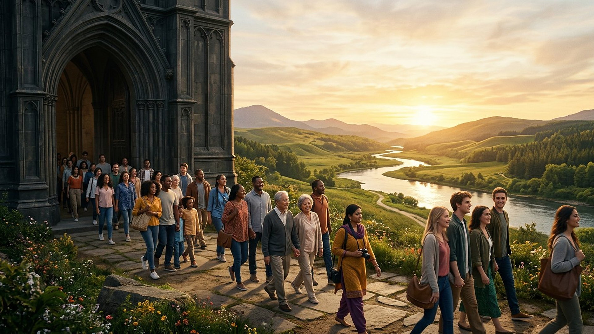 Visiteurs sortant du musée vers un paysage lumineux à l'aube