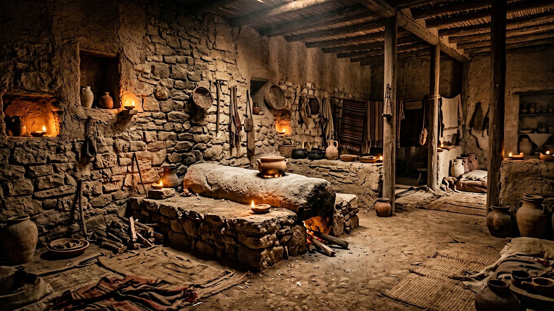 Intérieur d'une maison israélite ancienne, une grande Pierre allongée intégrée dans une plateforme basse de pierres, poterie et lampes autour