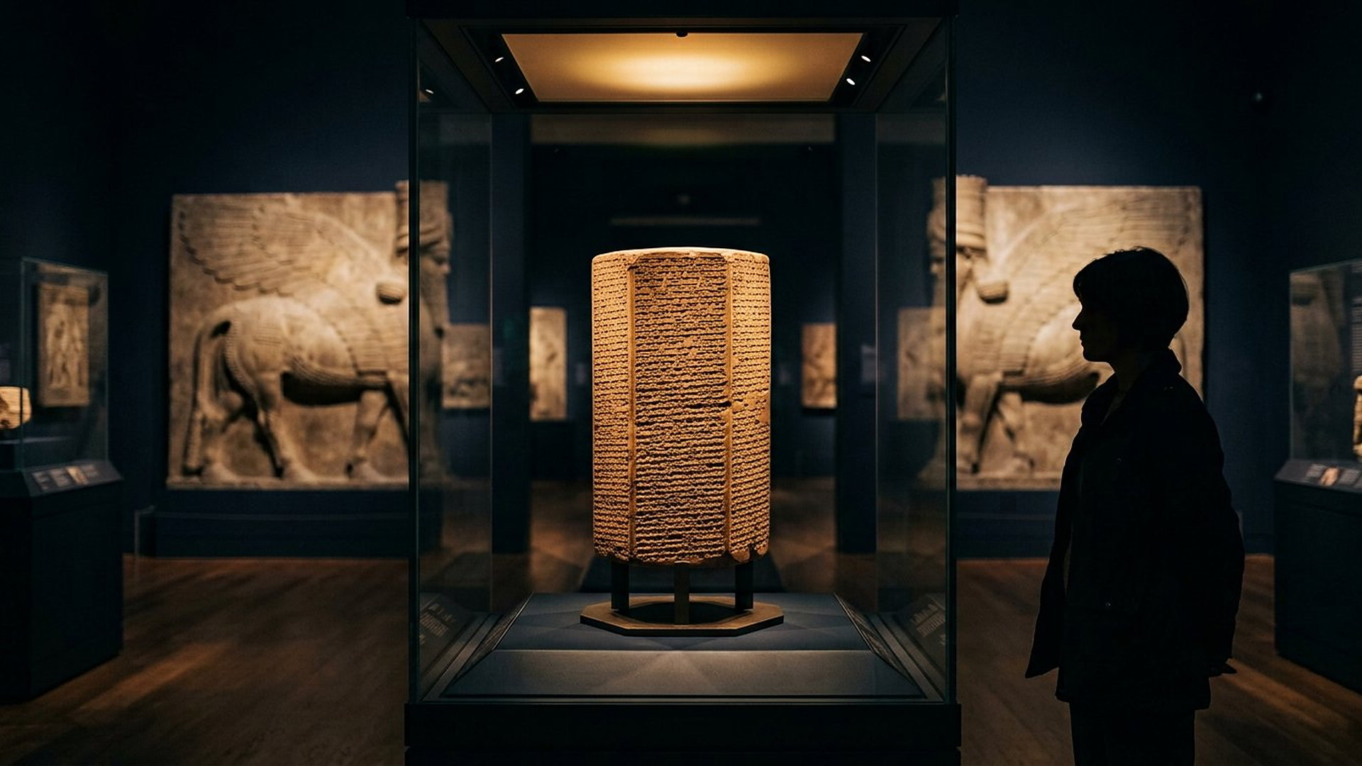 Prisme hexagonal d'argile couvert d'écriture cunéiforme dans une vitrine de musée sombre, reliefs assyriens en arrière-plan