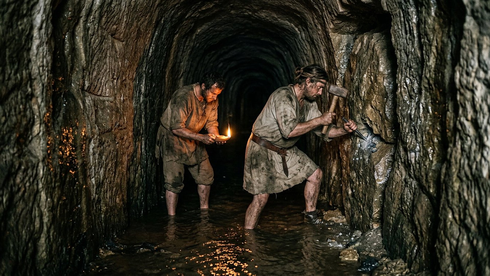 Deux ouvriers à la lampe à huile percent la dernière paroi rocheuse du tunnel d'Ézéchias, les pieds dans l'eau