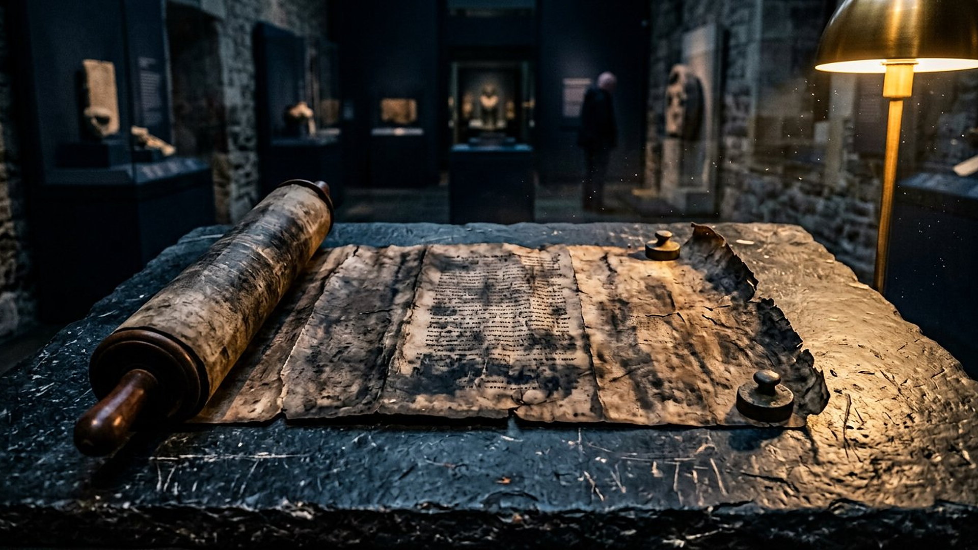 Rouleau de parchemin ancien déroulé sur une table de Pierre sombre dans une galerie de musée, écriture illisible