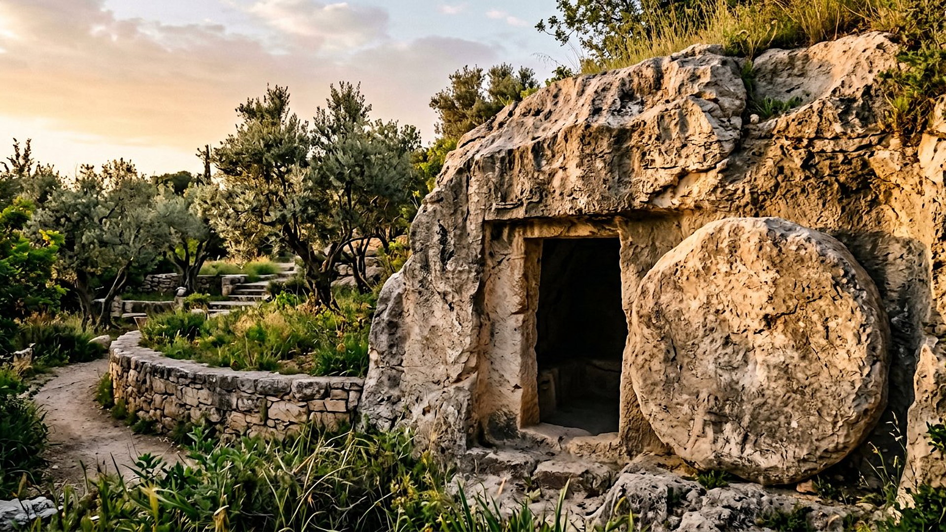 Entrée d'un tombeau antique creusé dans le roc, Pierre ronde roulée à côté, jardin au lever du soleil