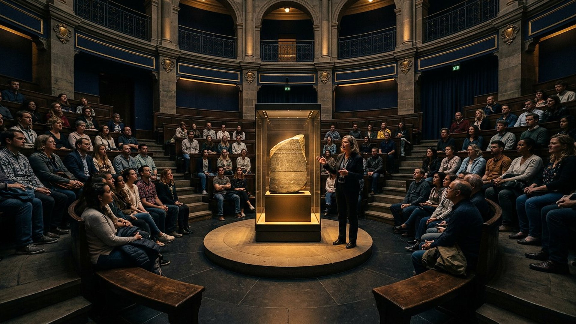 Amphithéâtre circulaire du musée : des visiteurs écoutent une conférencière devant une stèle ancienne en vitrine centrale