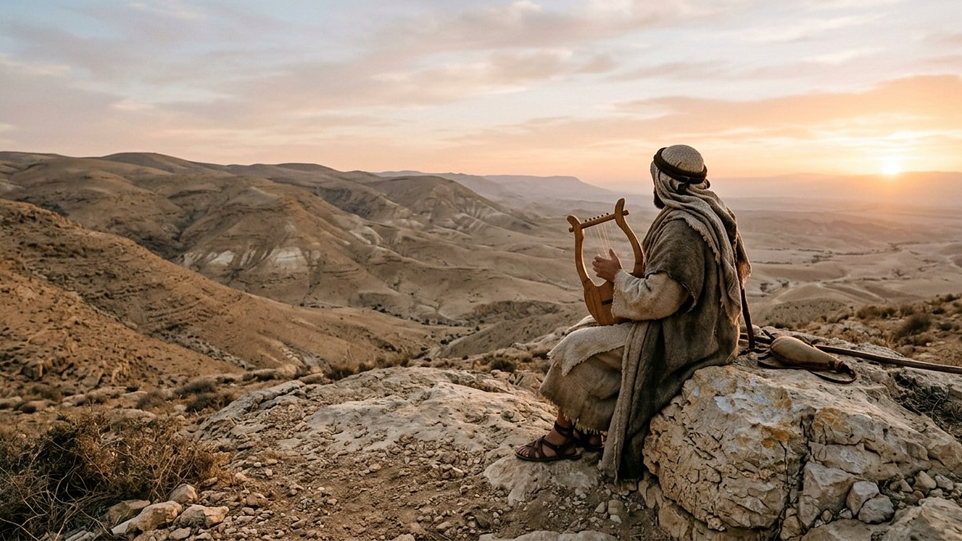 Un berger poète de dos, lyre à la main, assis sur un rocher au-dessus du désert de Juda à l'aube