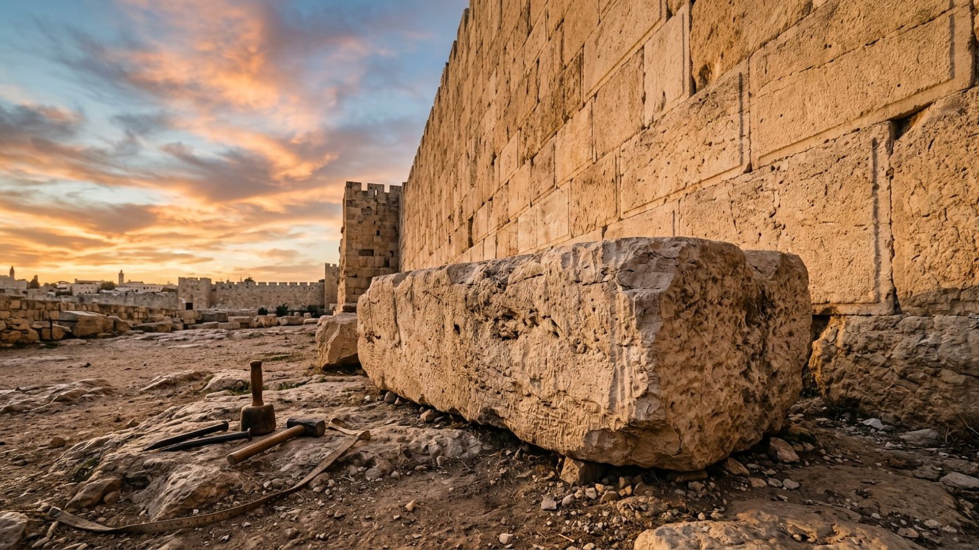 Énorme bloc de Pierre angulaire rejeté au pied d'un mur antique de Jérusalem, outils de tailleurs de Pierre au sol