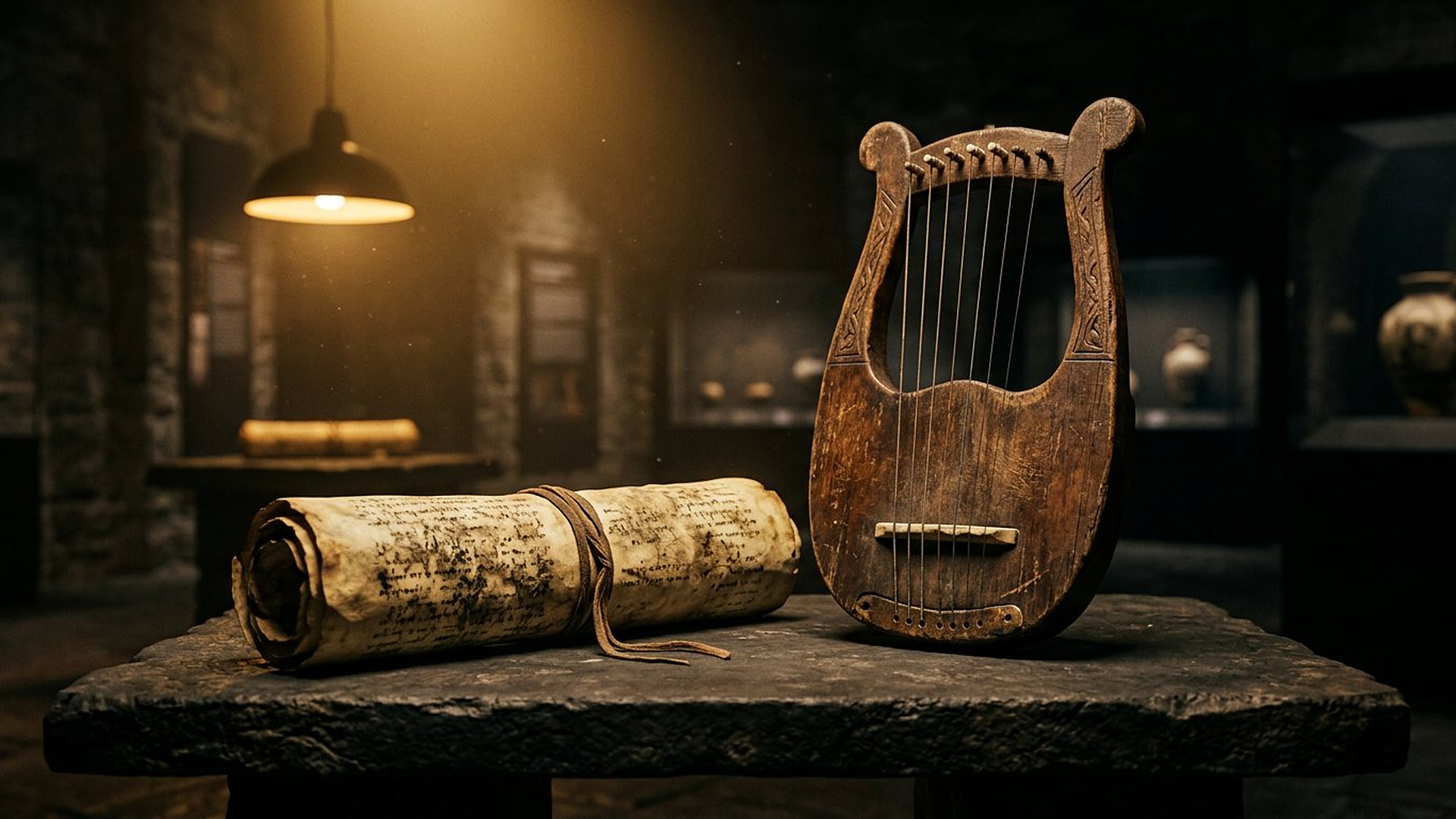 Rouleau de parchemin ancien et lyre de bois posés sur une table de Pierre dans une galerie sombre de musée