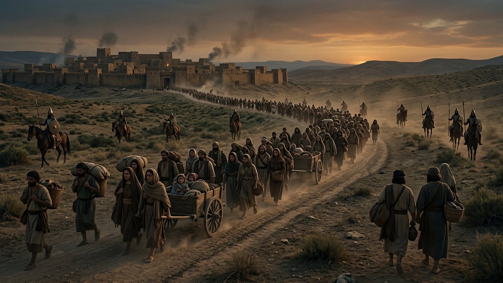 Longue colonne de déportés avec charrettes quittant une ville conquise au crépuscule, escortés par des cavaliers assyriens