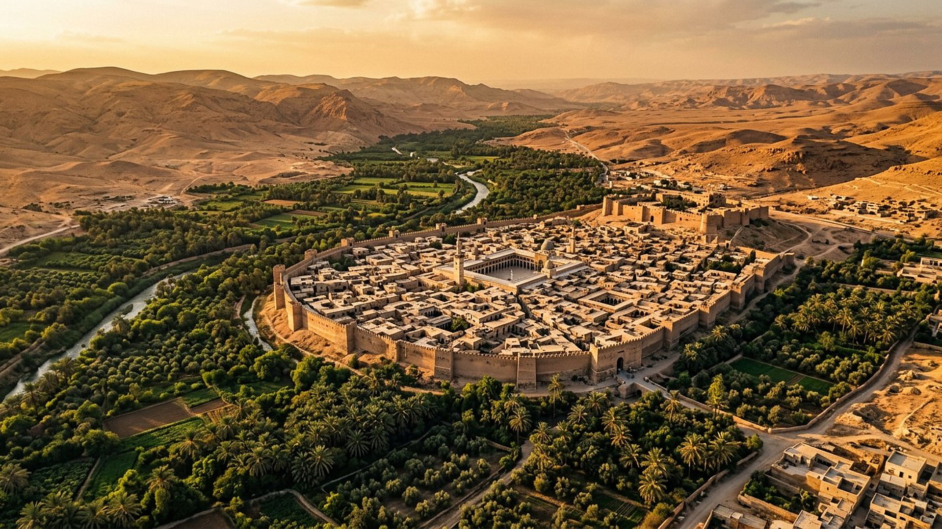 Vue aérienne d'une ancienne ville fortifiée dans l'oasis verdoyante de la Barada, au milieu du désert syrien doré