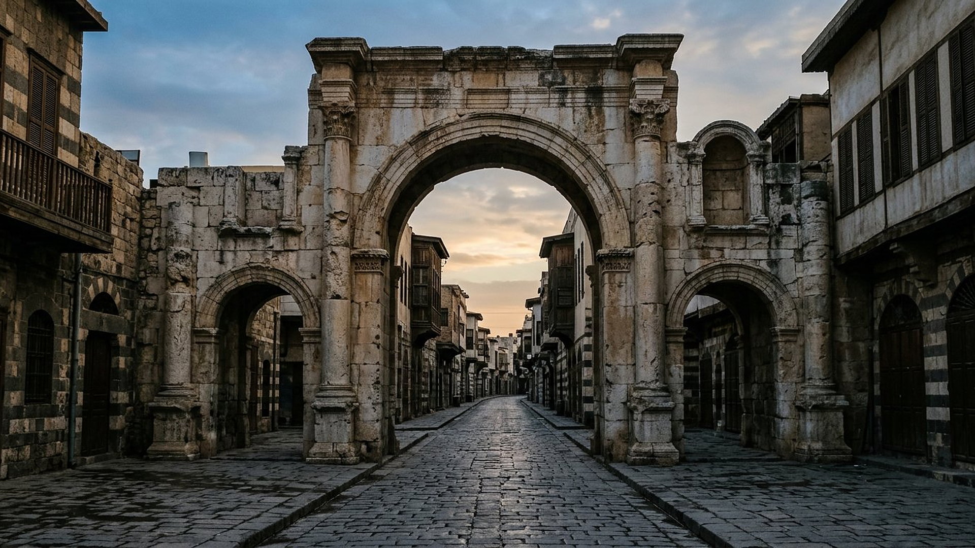 Porte romaine antique et rue droite pavée dans la vieille ville de Damas, à l'aube