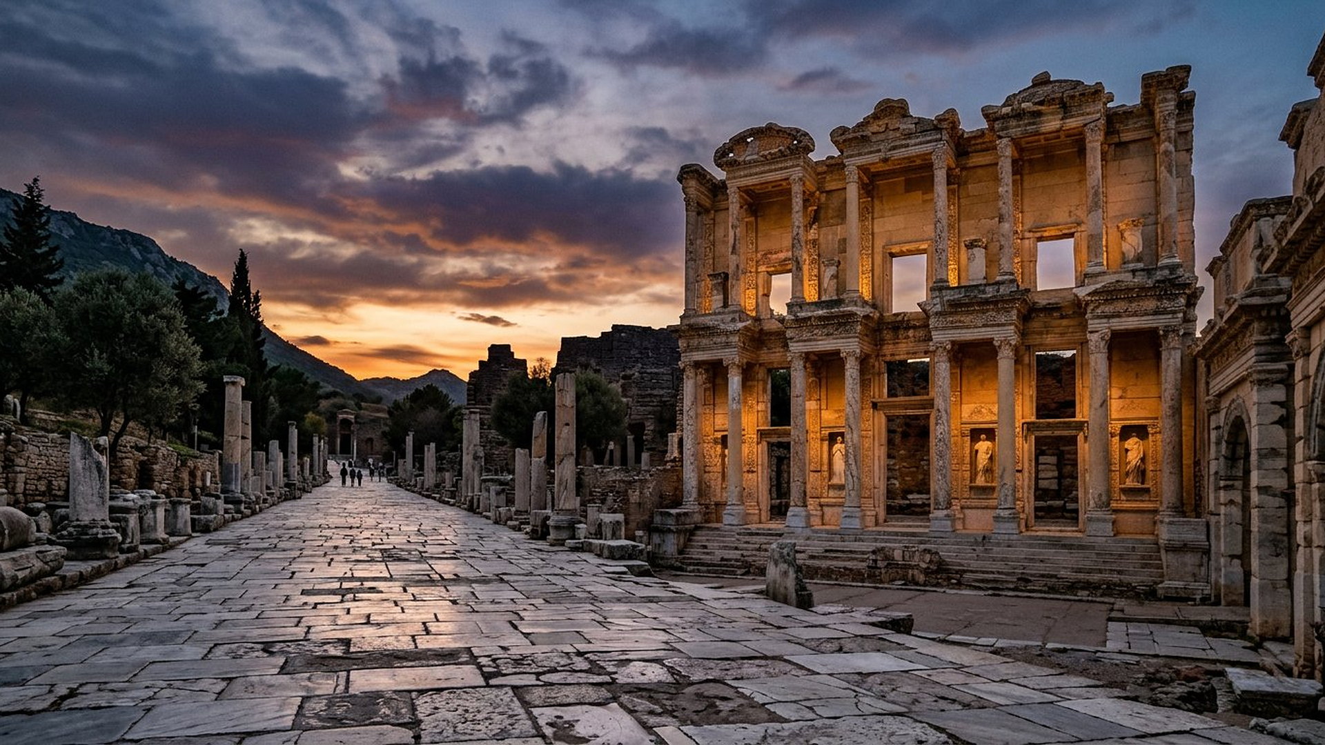 Rue de marbre antique d'Éphèse au crépuscule menant à la façade éclairée de la bibliothèque de Celsus