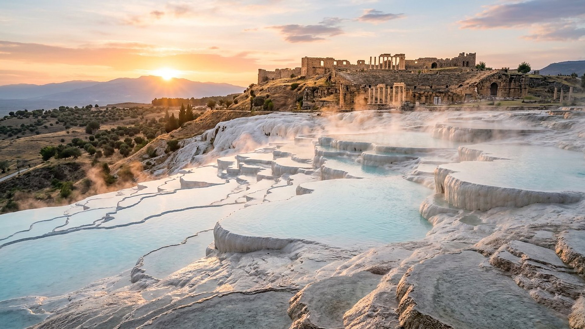 Terrasses de travertin blanc fumantes aux sources chaudes d'Hiérapolis au-dessus de Laodicée, à l'aube