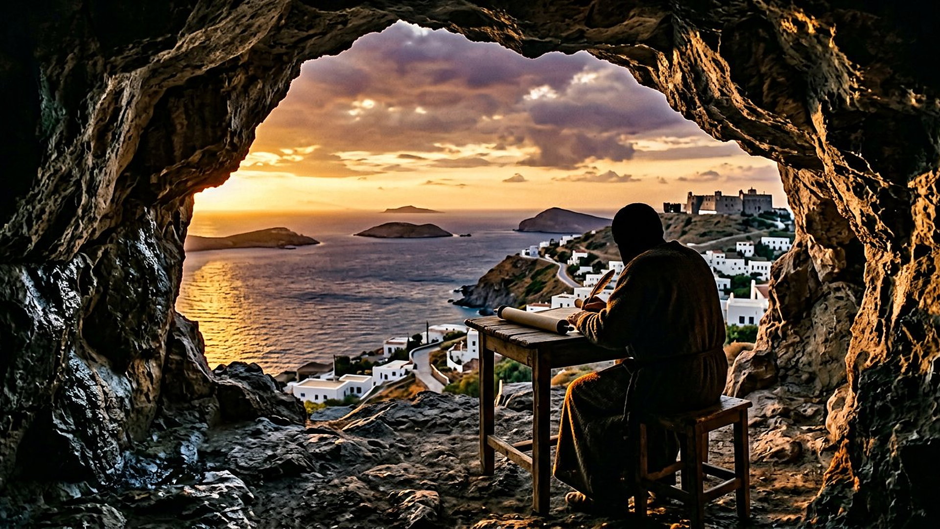 Un écrivain de dos rédige un rouleau à l'entrée d'une grotte de Patmos, face à la mer Égée au coucher du soleil
