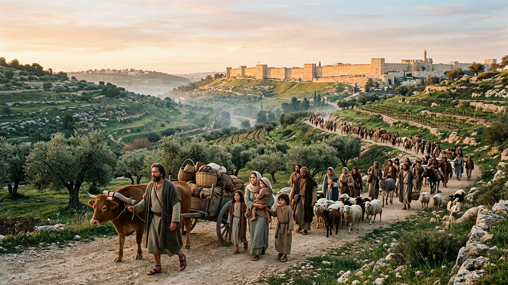 Colonne d'exilés de retour avec charrettes et troupeaux descendant vers les murailles de Jérusalem au matin